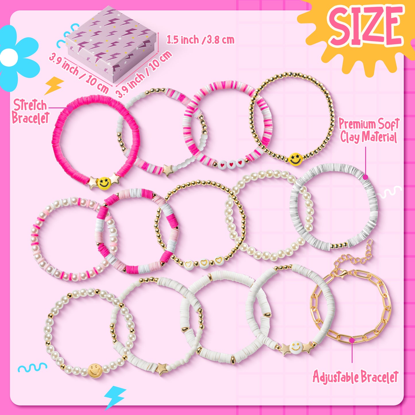 LieToi 14Pcs Preppy Heishi Bracelets Kit Hot Pink and White Gold Smile Heart Star Beaded Surfer Bracelets Polymer Clay Pearl Stackable Disc Summer Beach Layering Bracelets Y2K Kidcore Stretch Jewelry
