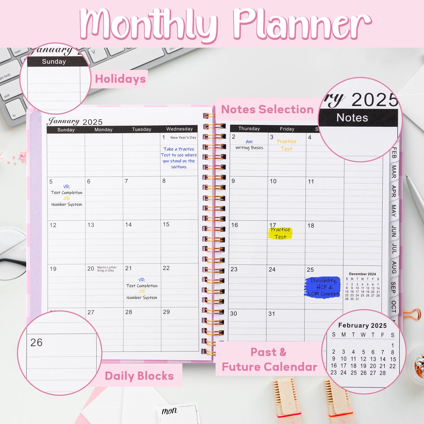 LieToi Pink 2025 Planner - 2025 Weekly and Monthly Planner, Jan. 2025 - Dec. 2025 Planner, 8.5" x 6.2", Checkerboard 2025 Calendar Planner with Taps, Planner Stickers, Inner Pocket, Twin-Wire Binding