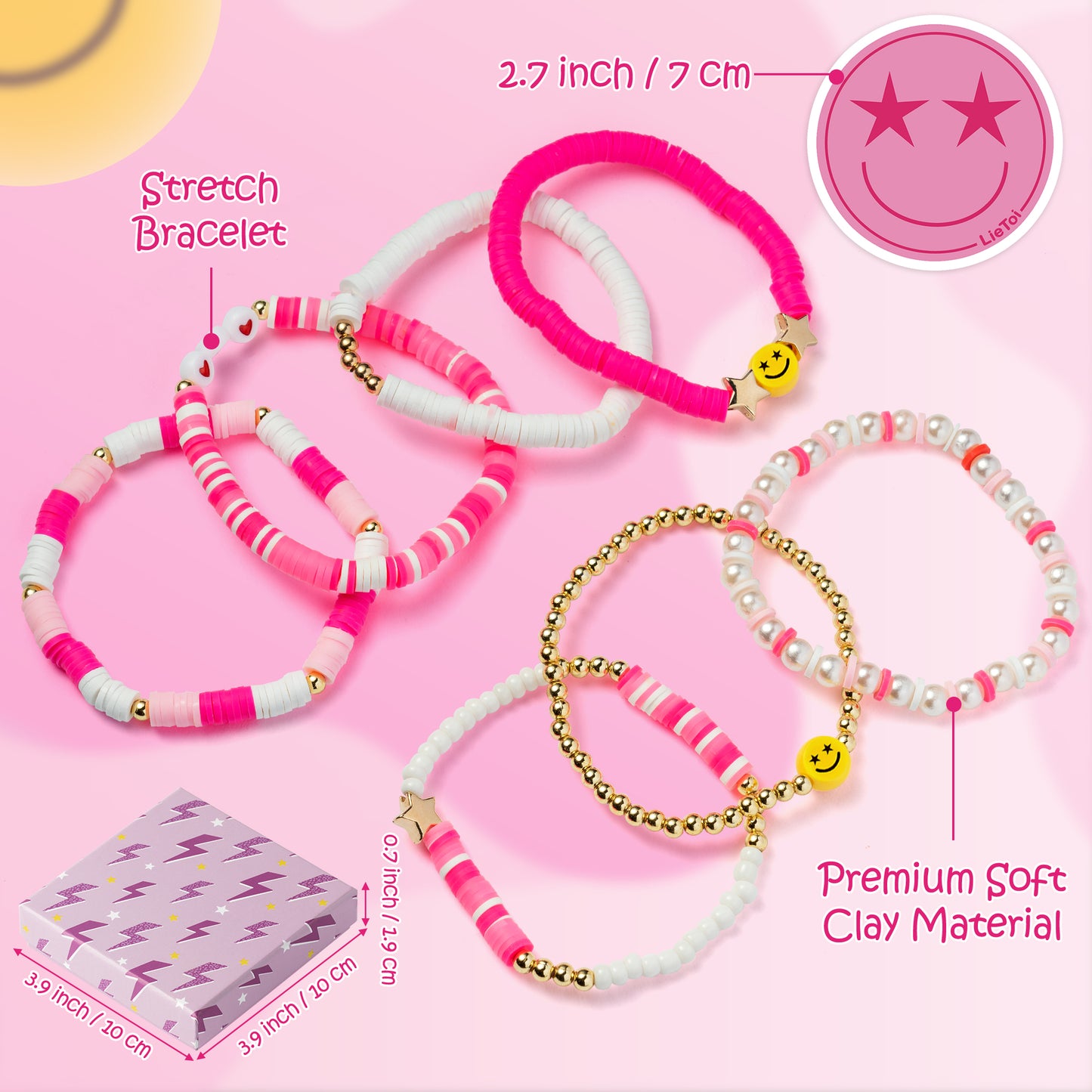 LieToi 7Pcs Preppy Heishi Bracelets Kit Hot Pink Smile Heart Star Beaded Surfer Bracelets Polymer Clay Pearl Stackable Disc Summer Beach Layering Bracelets Y2K Stretch Boho Jewelry for Women Girls