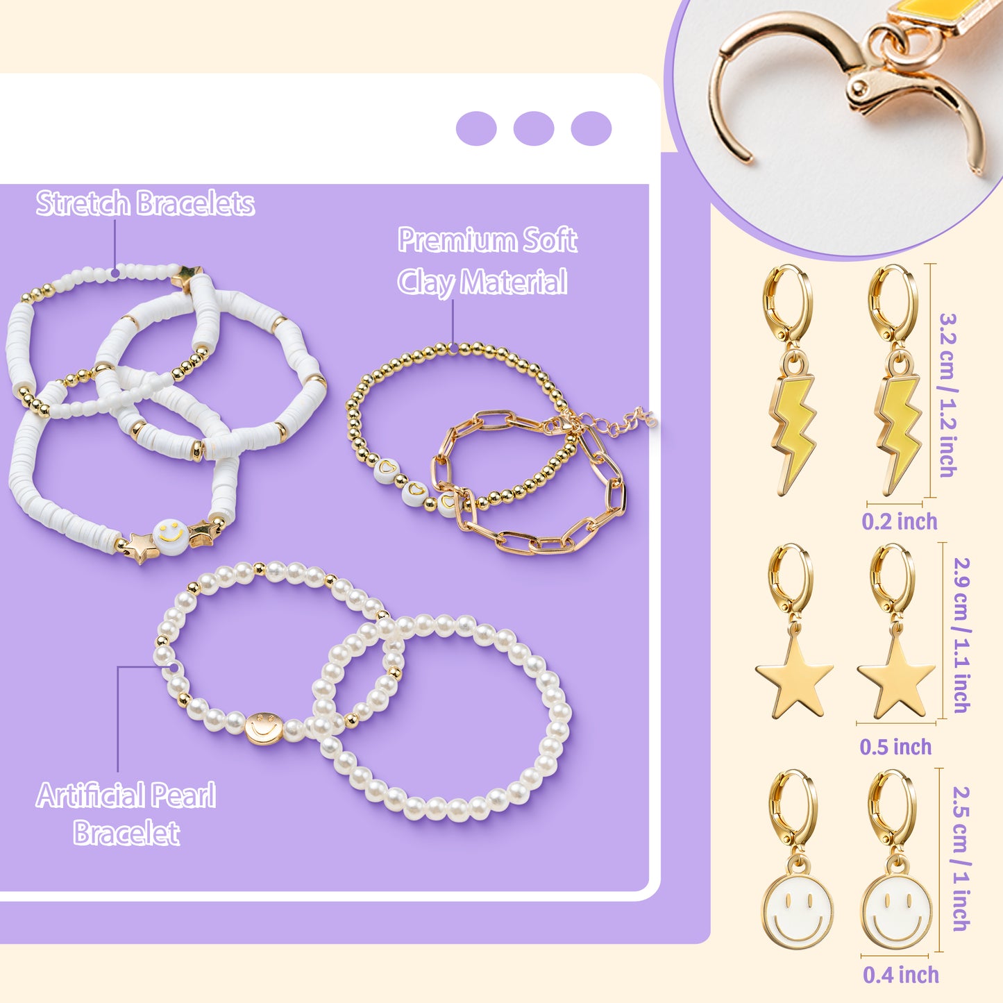 LieToi Preppy Heishi Bracelets and Earrings Kit White Polymer Clay Stackable Disc Summer Beach Surfer Bracelets Preppy Charms Pendants Huggie Hoop Dangle Earrings Y2K Boho Jewelry for Women Girls Gift