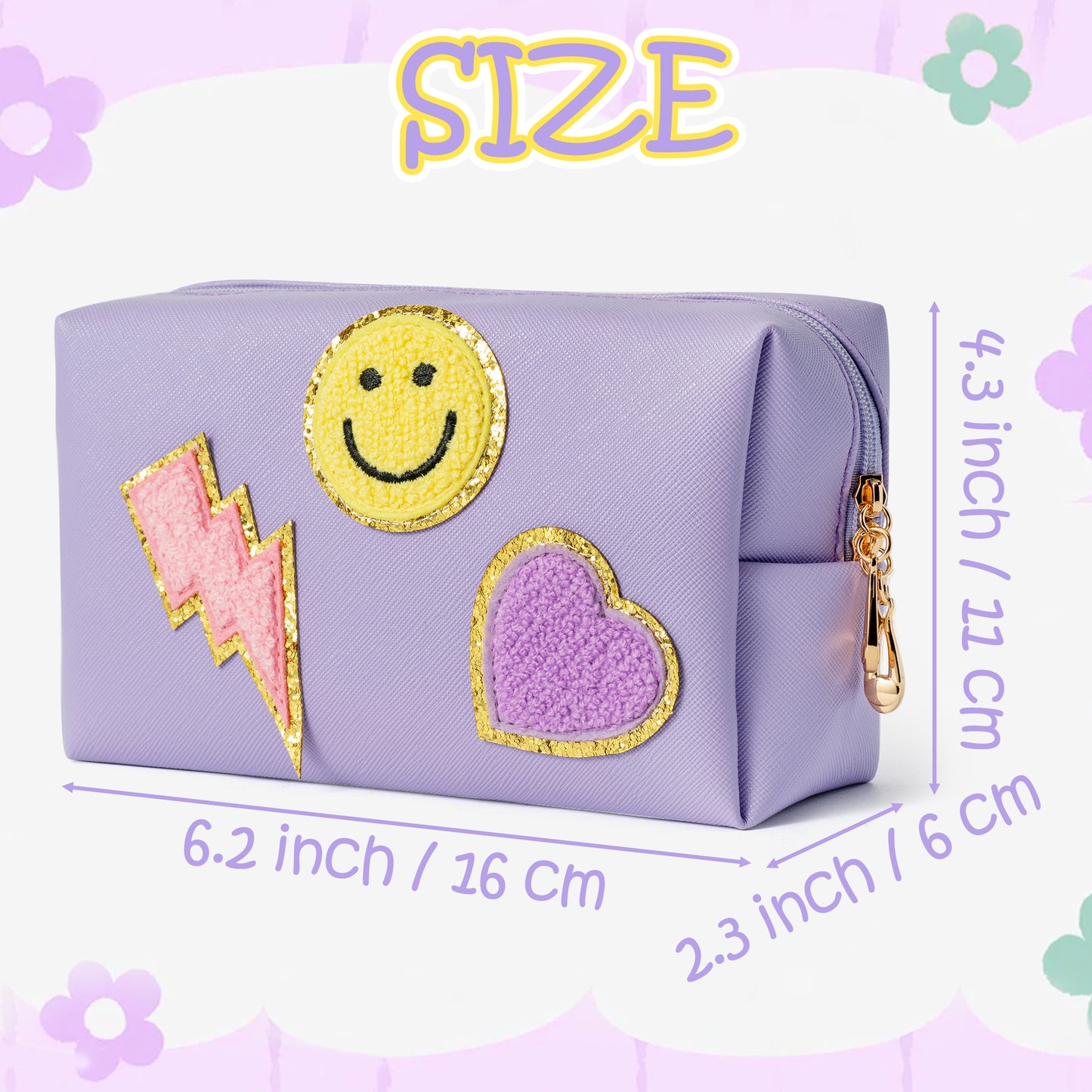 LieToi Preppy Patch Small Toiletry Bag, Smile Lightning Heart PU Leather Portable Waterproof Makeup Cosmetic Bag Daily Use Storage Purse Travel Organizer Compliant Bag for Women Girls (Taro Purple)
