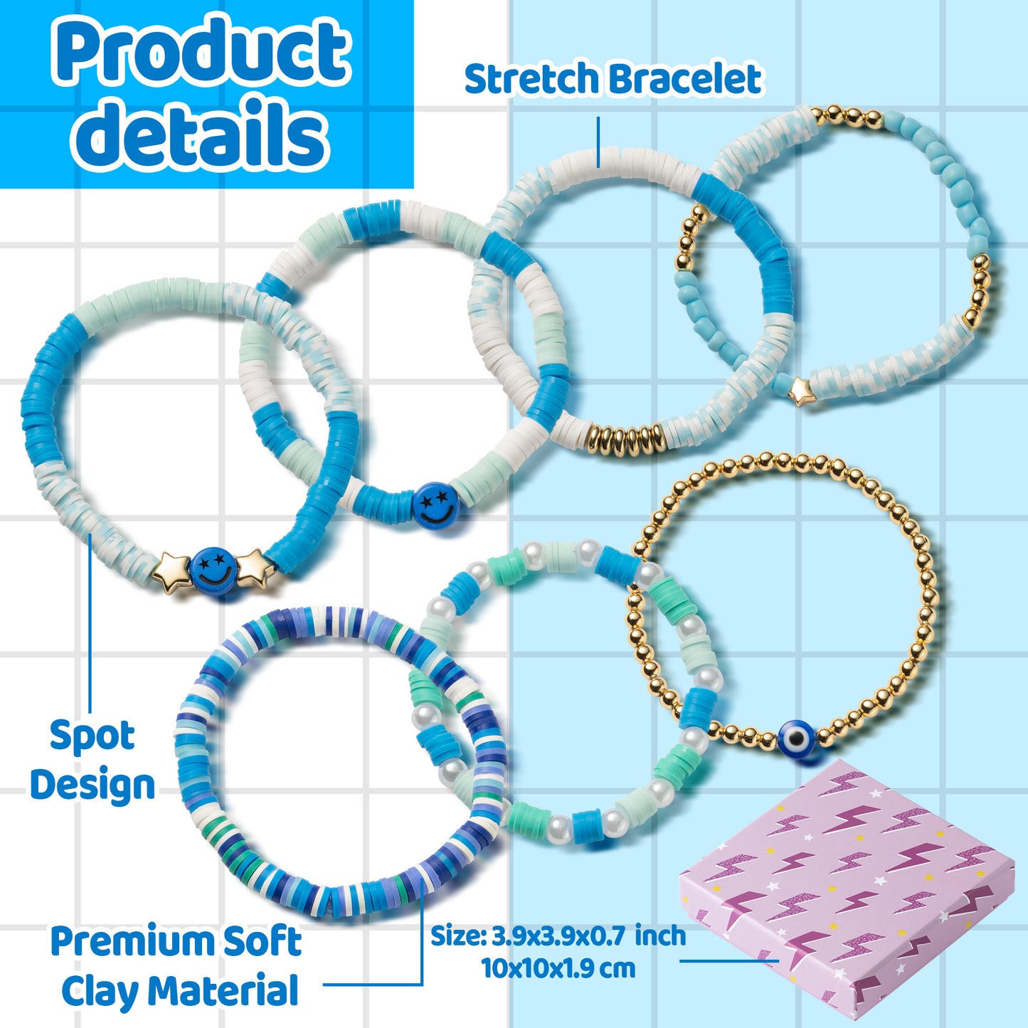 LieToi 7Pcs Preppy Heishi Bracelets Blue Smile Evil Eye Star Beaded Surfer Bracelets Polymer Clay Stackable Disc Summer Beach Layering Bracelets Y2K Stretch Boho Jewelry for Women Girls
