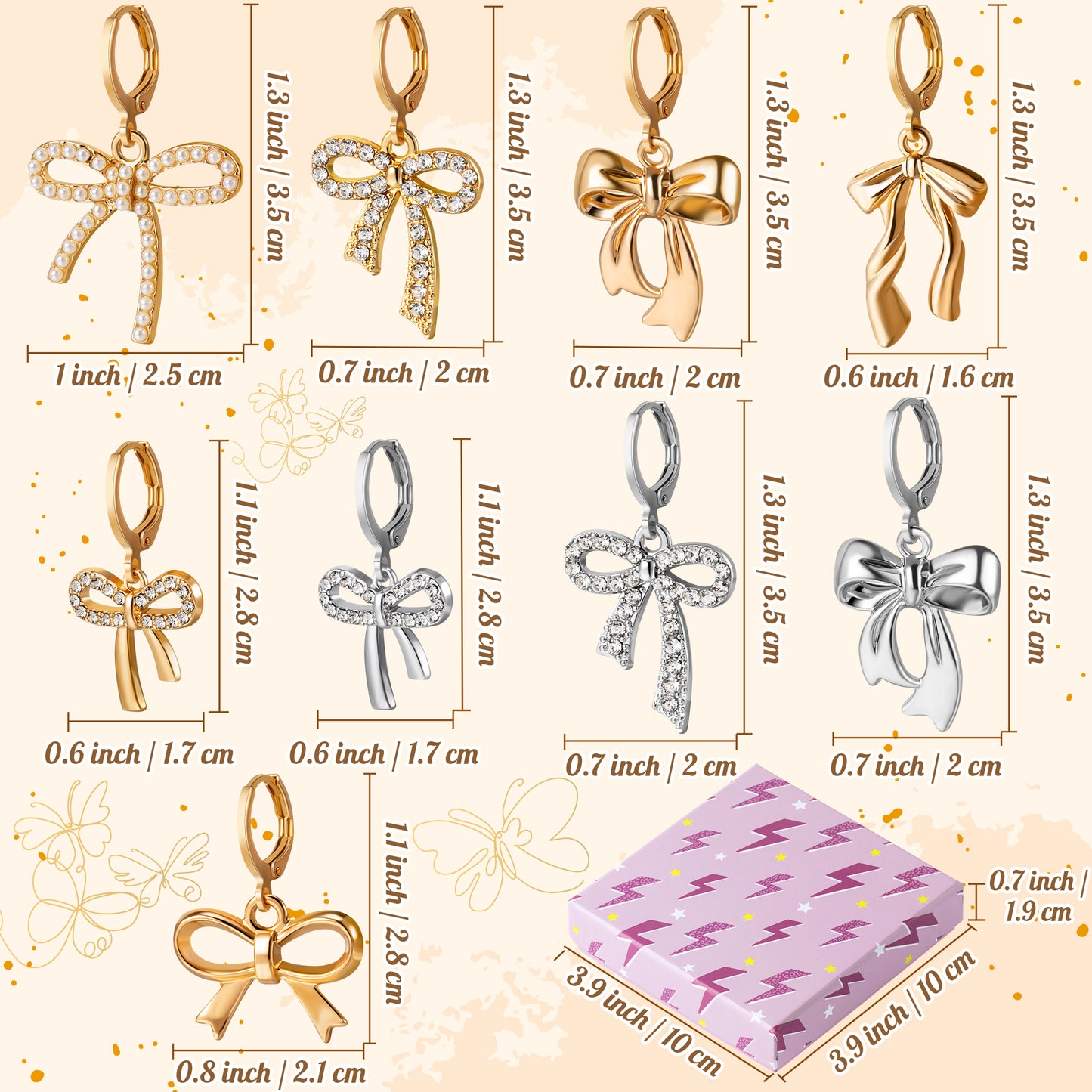 LieToi 9 Pairs Gold Rhinestone Bow Earrings for Women - Coquette Bowknot Hoop Drop Dangle Earrings Charms Silver Bow Trendy Stuff Bridal Shower Birthday Valentine’s Day Daily Gift