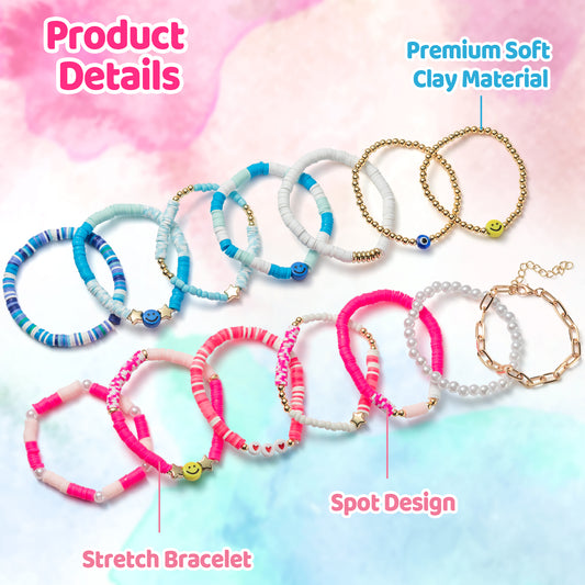 LieToi 14Pcs Preppy Heishi Bracelets Blue Pink Smile Star Heart Beaded Surfer Bracelets Polymer Clay Stackable Disc Summer Beach Layering Bracelets Y2K Stretch Boho Jewelry for Women Girls