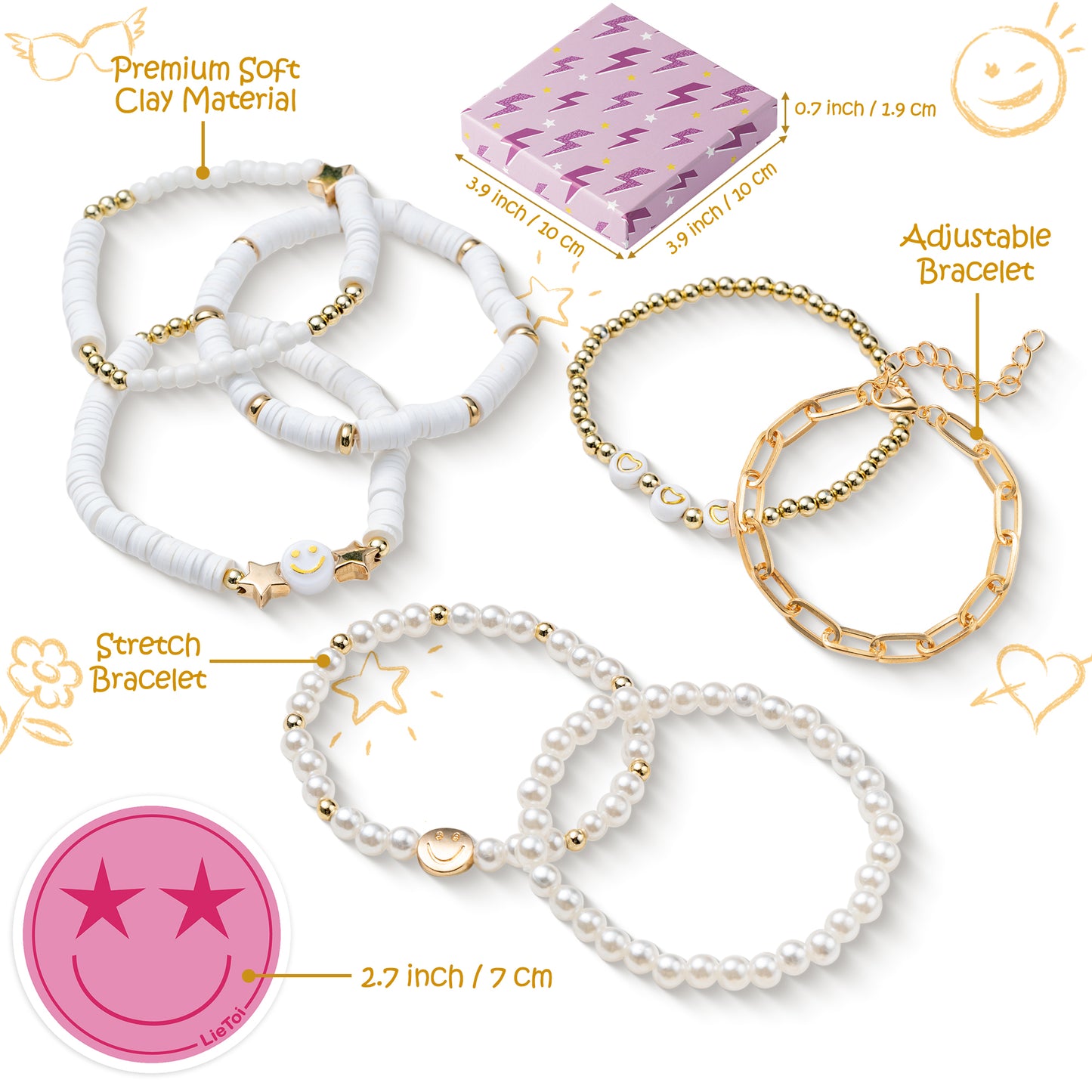 LieToi 7Pcs Preppy Heishi Bracelets Kit White Gold Smile Heart Star Beaded Surfer Bracelets Polymer Clay Pearl Stackable Disc Summer Beach Layering Bracelets Y2K Stretch Boho Jewelry for Women Girls