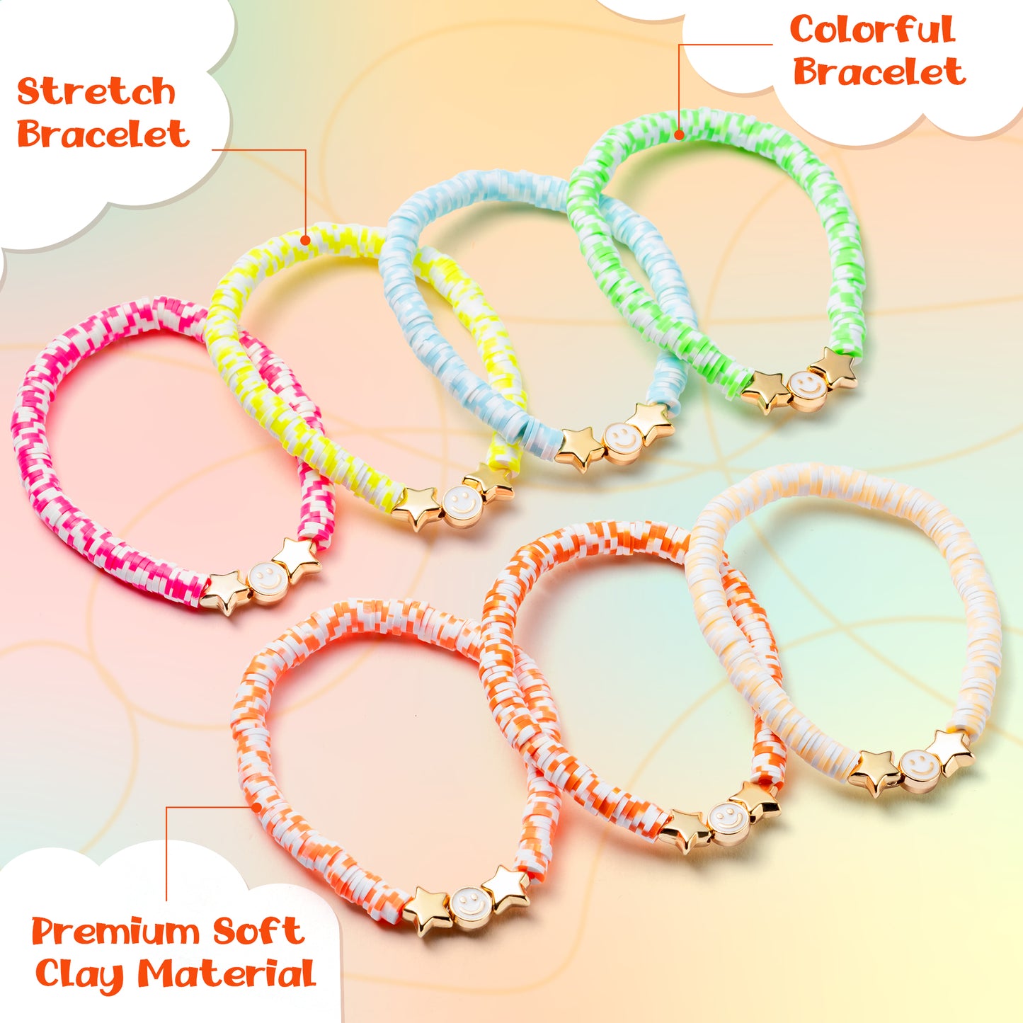 LieToi 7Pcs Preppy Heishi Bracelets Candy Color Smile Star Beaded Surfer Bracelets Polymer Clay Stackable Disc Summer Beach Layering Bracelets Y2K Stretch Boho Jewelry Gift for Women Girls