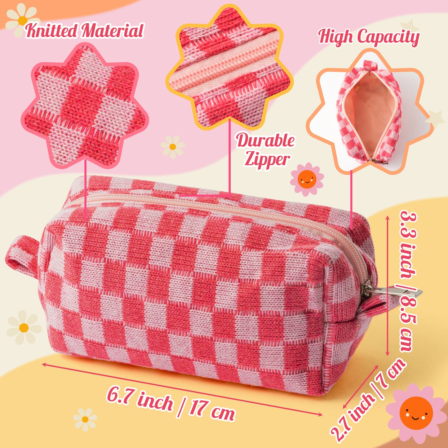 LieToi 67Pcs Checkered Cosmetic Bag Set Pink Knitted Toiletry Makeup Bag Preppy Heishi Surfer Bracelets Stackable Disc Layering Bracelets Aesthetic Preppy Style Stickers Decals Gifts for Women Girls