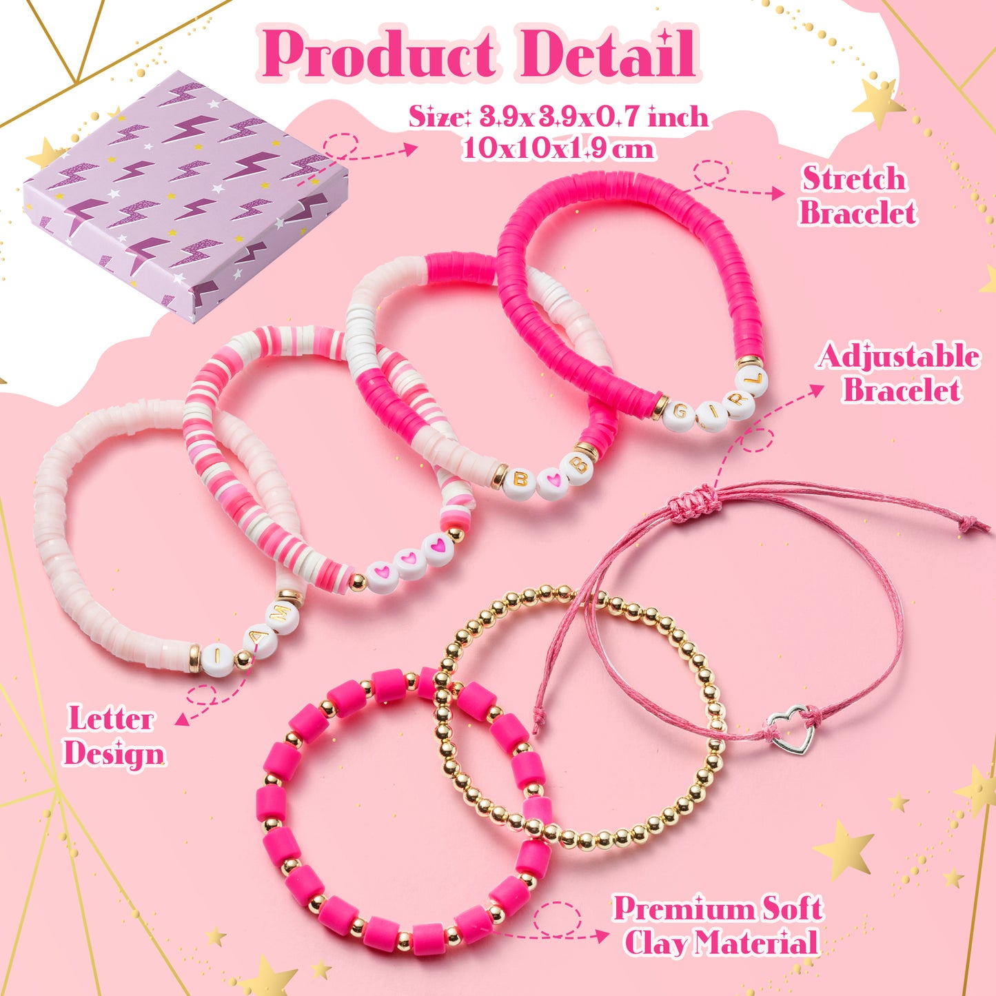 LieToi 7Pcs Preppy Heishi Bracelets Kit Pink Heart Beaded Surfer Bracelets Braided Rope Charms Polymer Clay Stackable Disc Summer Beach Layering Bracelets Y2K Stretch Boho Jewelry for Women Girls