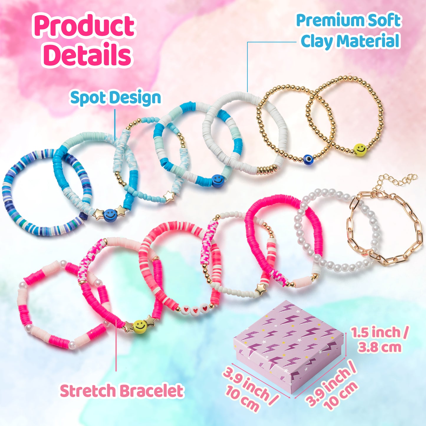 LieToi 14Pcs Preppy Heishi Bracelets Blue Pink Smile Star Heart Beaded Surfer Bracelets Polymer Clay Stackable Disc Summer Beach Layering Bracelets Y2K Stretch Boho Jewelry for Women Girls