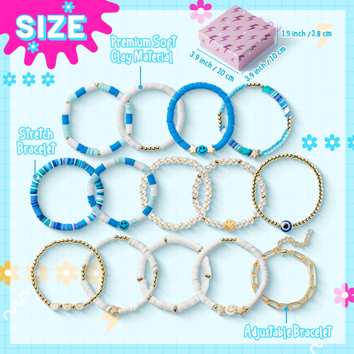 LieToi 14Pcs Preppy Heishi Bracelets Kit Sky Blue and White Smile Evil Eye Heart Star Beaded Surfer Bracelets Polymer Clay Pearl Stackable Disc Summer Beach Layering Bracelets Y2K Stretch Jewelry