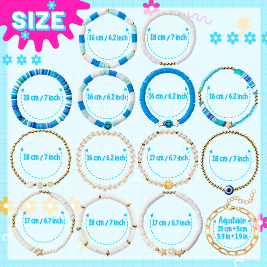 LieToi 14Pcs Preppy Heishi Bracelets Kit Sky Blue and White Smile Evil Eye Heart Star Beaded Surfer Bracelets Polymer Clay Pearl Stackable Disc Summer Beach Layering Bracelets Y2K Stretch Jewelry