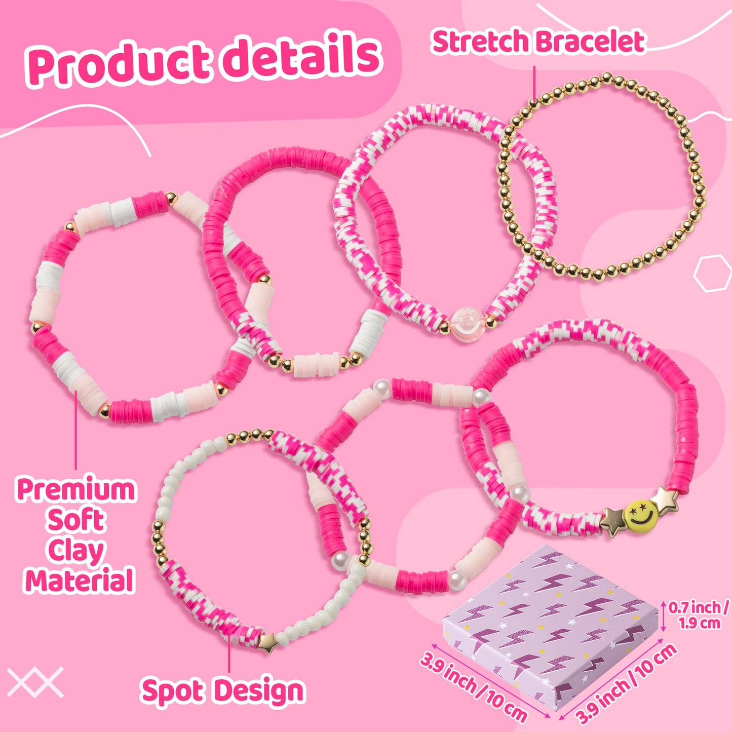 LieToi 7Pcs Preppy Heishi Bracelets Hot Pink Smile Star Beaded Surfer Bracelets Polymer Clay Stackable Disc Summer Beach Layering Bracelets Y2K Stretch Boho Jewelry Gift for Women Girls