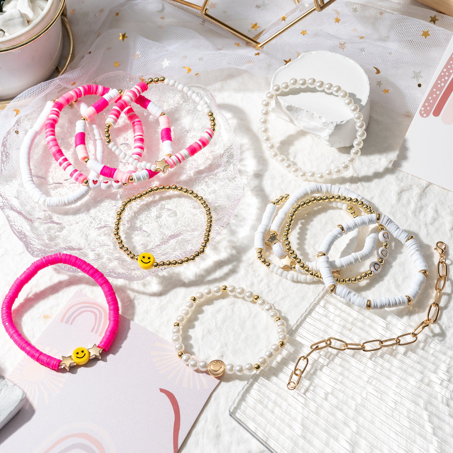 LieToi 14Pcs Preppy Heishi Bracelets Kit Hot Pink and White Gold Smile Heart Star Beaded Surfer Bracelets Polymer Clay Pearl Stackable Disc Summer Beach Layering Bracelets Y2K Kidcore Stretch Jewelry