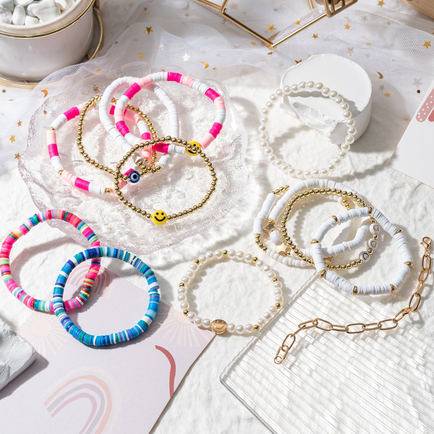 LieToi 14Pcs Preppy Heishi Bracelets Kit Mixed Color and White Smile Evil Eye Heart Star Beaded Surfer Bracelets Polymer Clay Pearl Stackable Disc Summer Beach Layering Bracelets Y2K Boho Jewelry