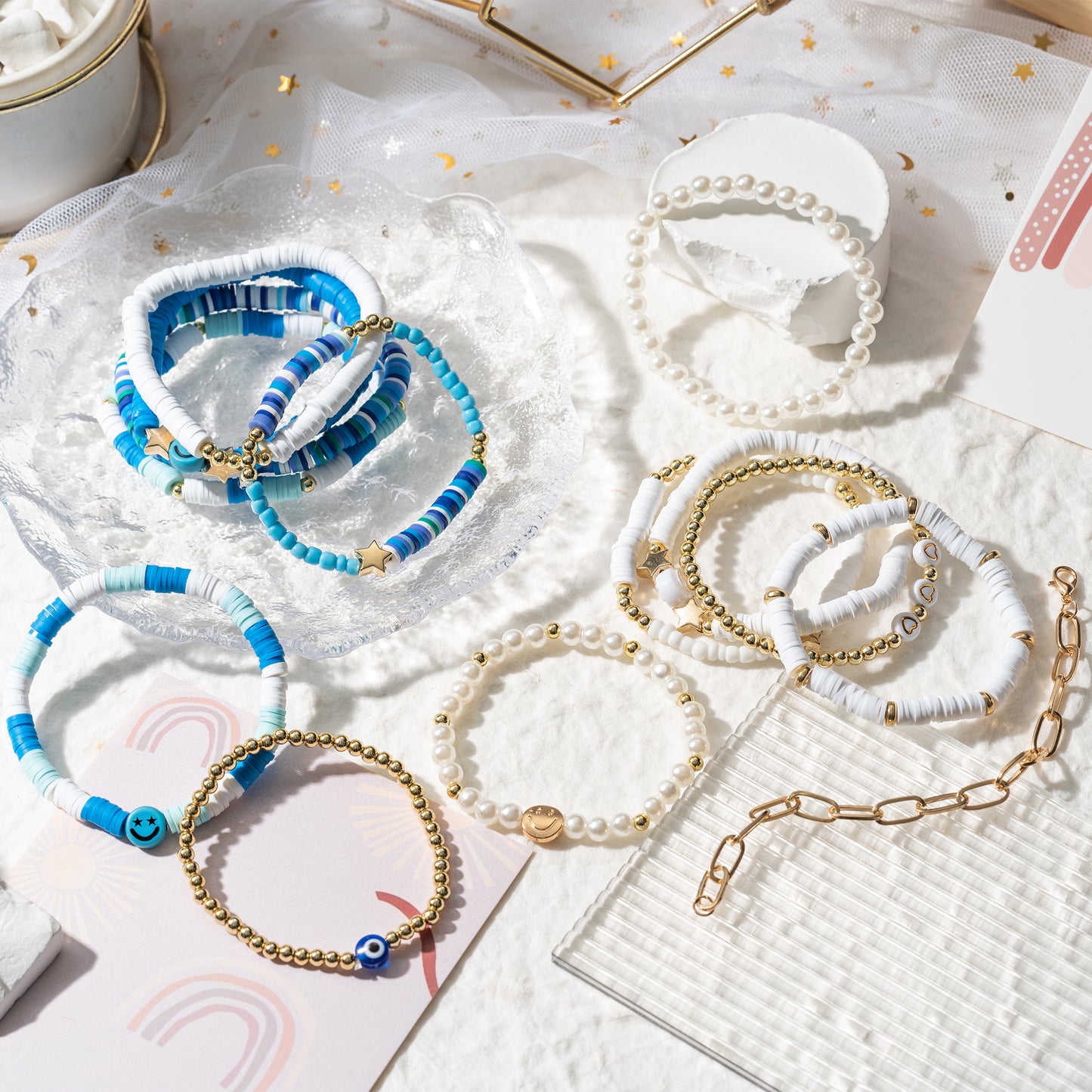 LieToi 14Pcs Preppy Heishi Bracelets Kit Sky Blue and White Smile Evil Eye Heart Star Beaded Surfer Bracelets Polymer Clay Pearl Stackable Disc Summer Beach Layering Bracelets Y2K Stretch Jewelry