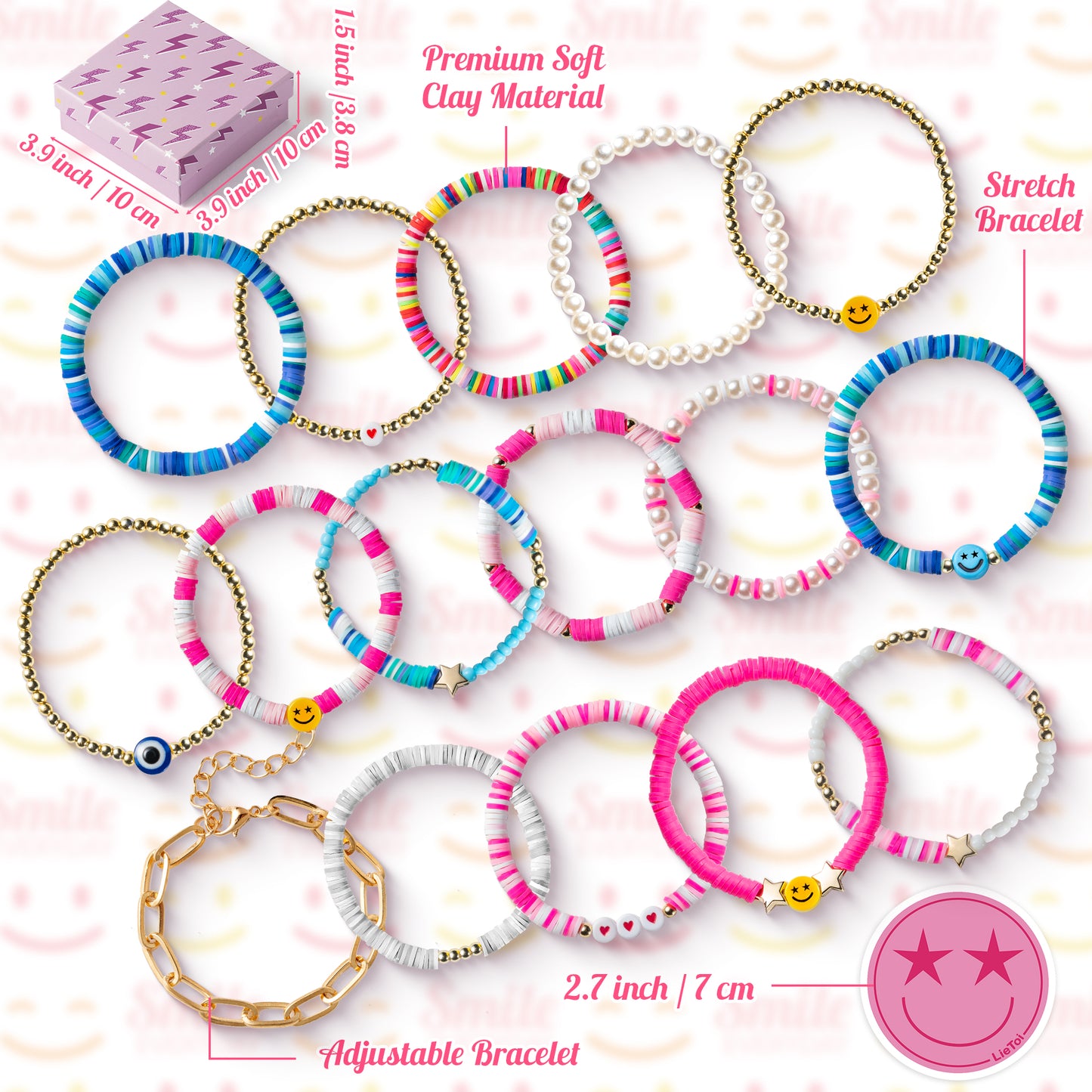 LieToi 16Pcs Preppy Heishi Bracelets Set Colorful Smile Heart Star Evil Eye Beaded Polymer Clay Pearl Stackable Charm Y2K Kidcore Summer Beach Bohemian Layering Bracelets Jewelry for Women Girls Teens