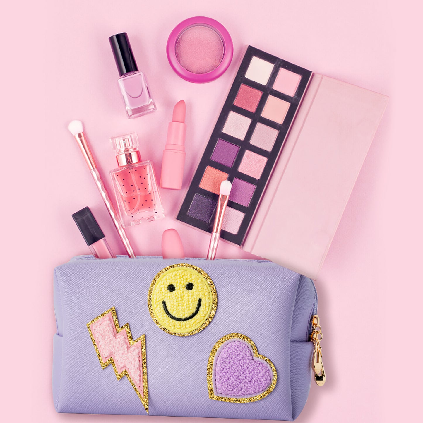 LieToi Preppy Patch Small Toiletry Bag, Smile Lightning Heart PU Leather Portable Waterproof Makeup Cosmetic Bag Daily Use Storage Purse Travel Organizer Compliant Bag for Women Girls (Taro Purple)