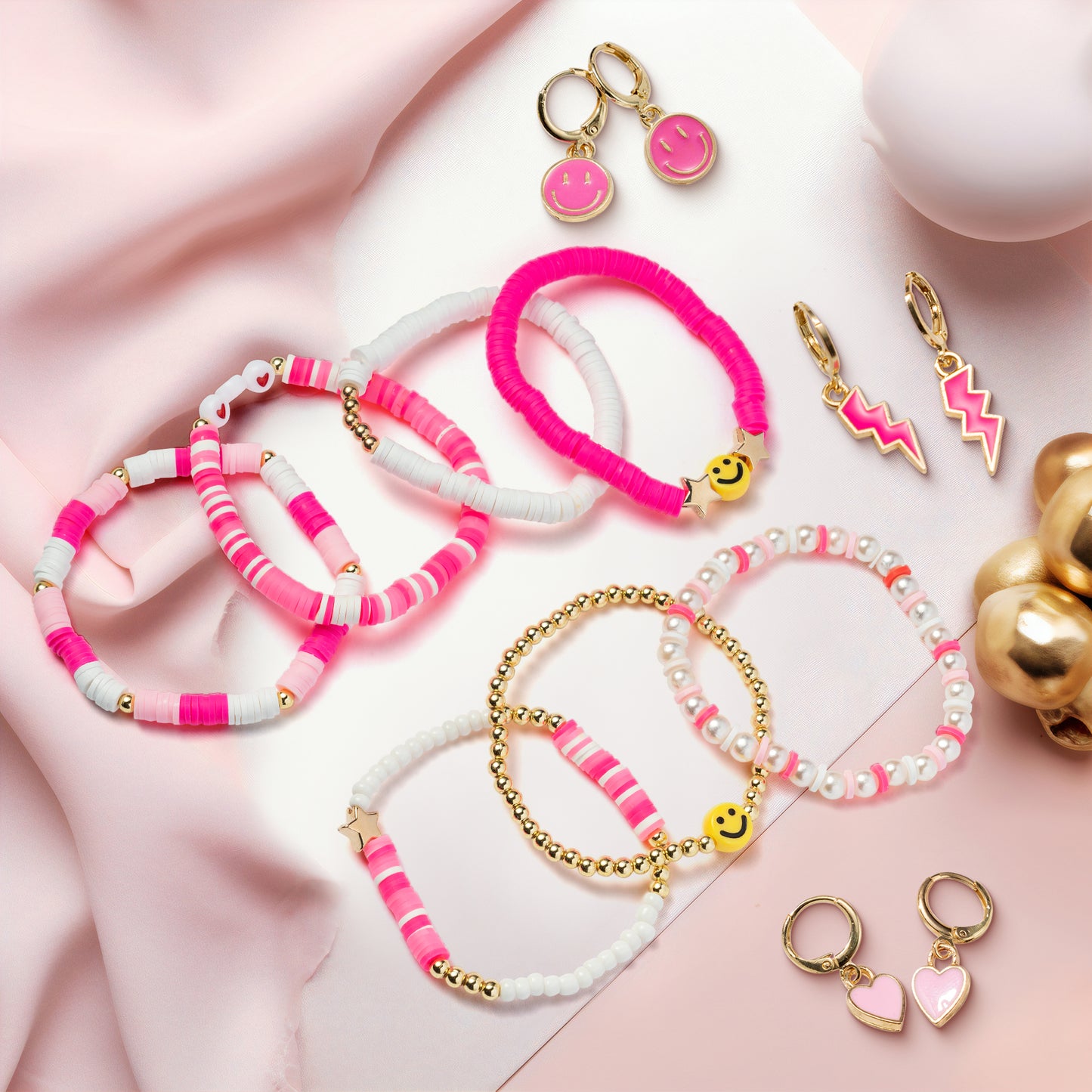 LieToi Preppy Heishi Bracelets and Earrings Kit Hot Pink Polymer Clay Stackable Disc Summer Beach Surfer Bracelets Preppy Charms Pendants Huggie Hoop Dangle Earrings Y2K Jewelry for Women Girls Gift
