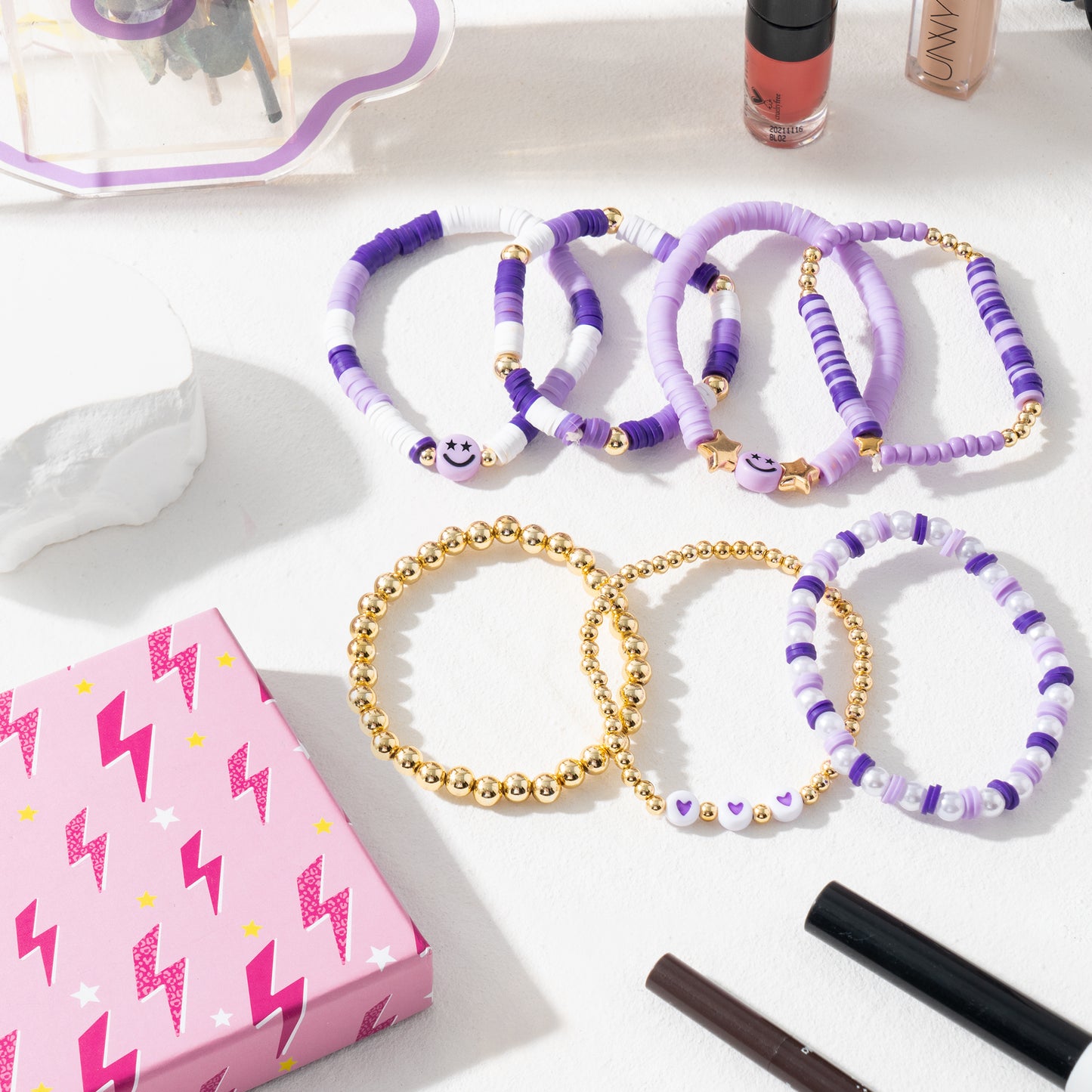 LieToi 7Pcs Preppy Heishi Bracelets for Women Girls - Purple Surfer Bracelets Polymer Clay Stackable Disc Smile Star Beaded Summer Beach Y2K Stretch Back to School Birthday Gift Layering Bracelets