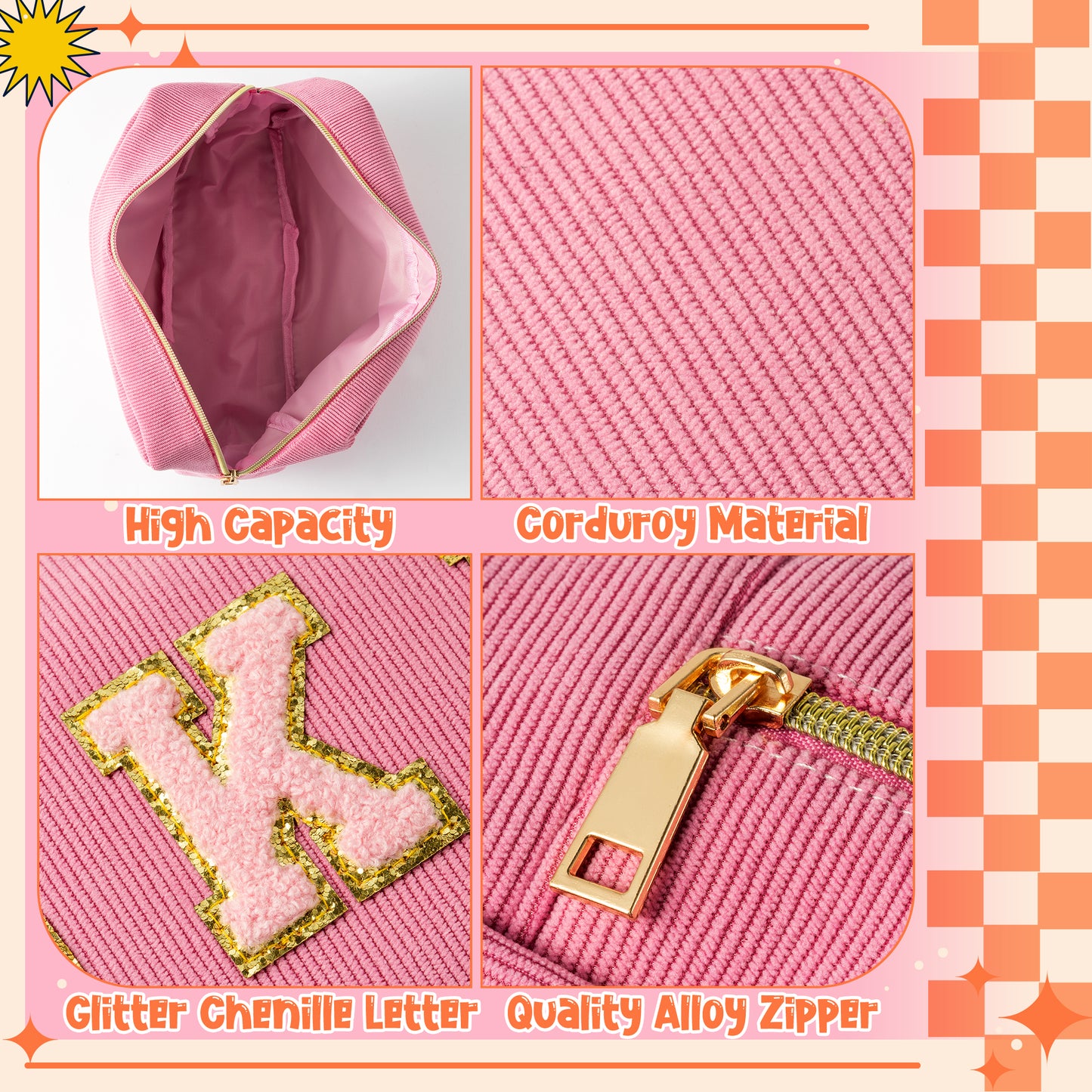 LieToi 5Pcs Preppy Corduroy Makeup Bags Set, Skin Hair Stuff Face Chenille Letter Patch Cosmetic Bag Portable Toiletry Bag Large Capacity Storage Zipper Purse Travel Organizer Bag for Women Girls