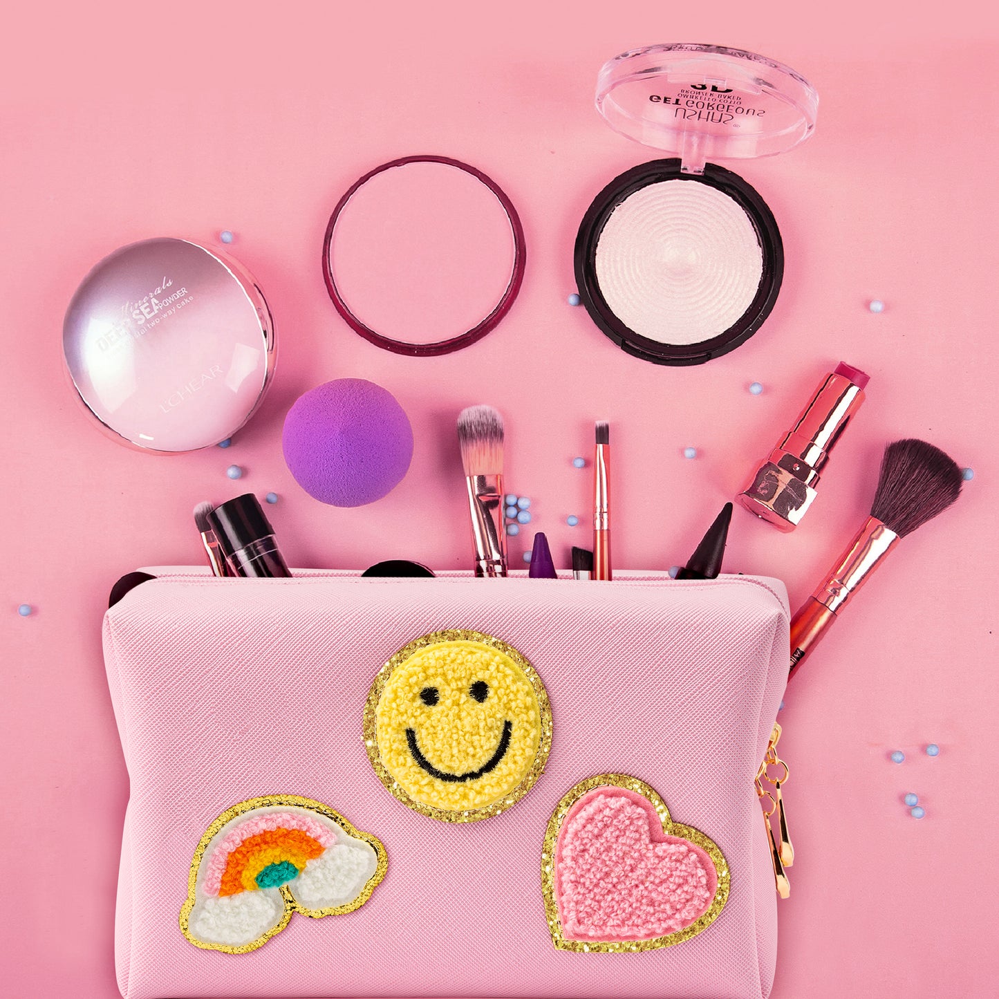 LieToi Preppy Patch Small Toiletry Bag, Smile Rainbow Heart PU Leather Portable Waterproof Makeup Cosmetic Bag Daily Use Storage Purse Travel Organizer Compliant Bag for Women Girls (Light Pink)