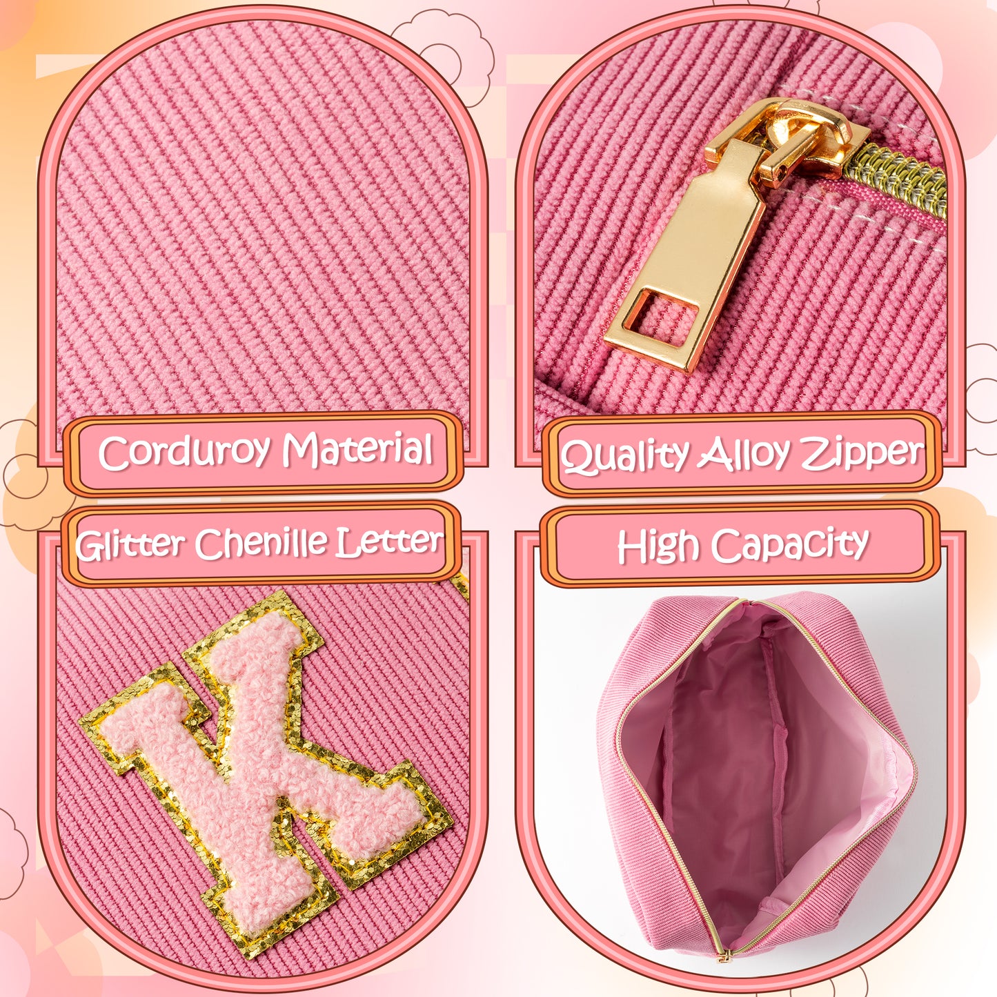 LieToi 3Pcs Preppy Corduroy Makeup Bags Set, SKIN HAIR Chenille Letter Patch Cosmetic Bag Portable Toiletry Bag Large Capacity Storage Zipper Purse Travel Organizer Bag for Women Girls