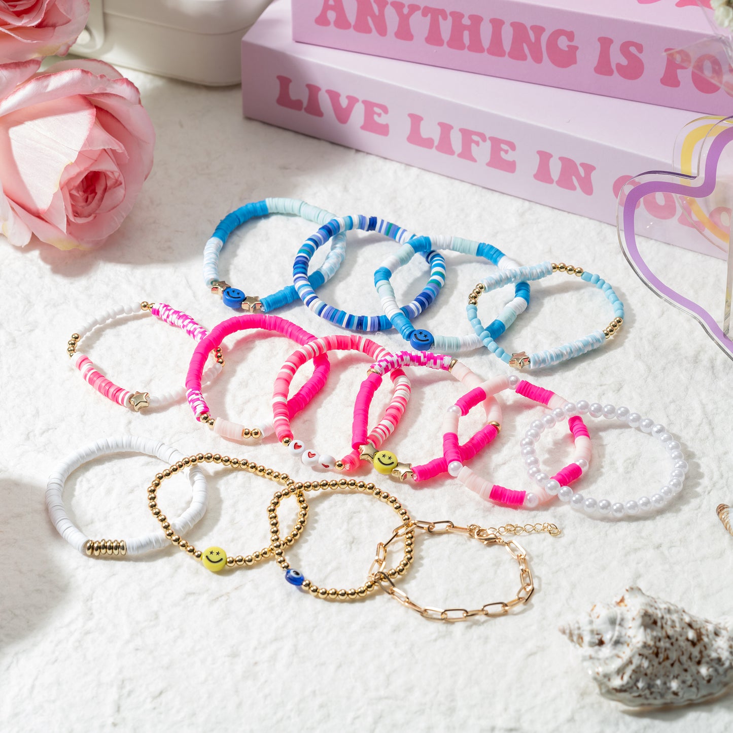 LieToi 14Pcs Preppy Heishi Bracelets Blue Pink Smile Star Heart Beaded Surfer Bracelets Polymer Clay Stackable Disc Summer Beach Layering Bracelets Y2K Stretch Boho Jewelry for Women Girls