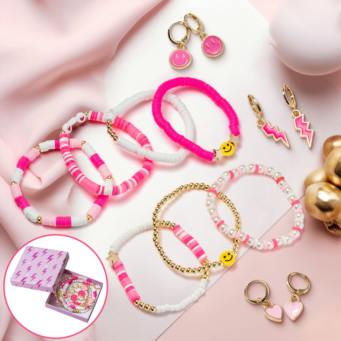 LieToi Preppy Heishi Bracelets and Earrings Kit Hot Pink Polymer Clay Stackable Disc Summer Beach Surfer Bracelets Preppy Charms Pendants Huggie Hoop Dangle Earrings Y2K Jewelry for Women Girls Gift