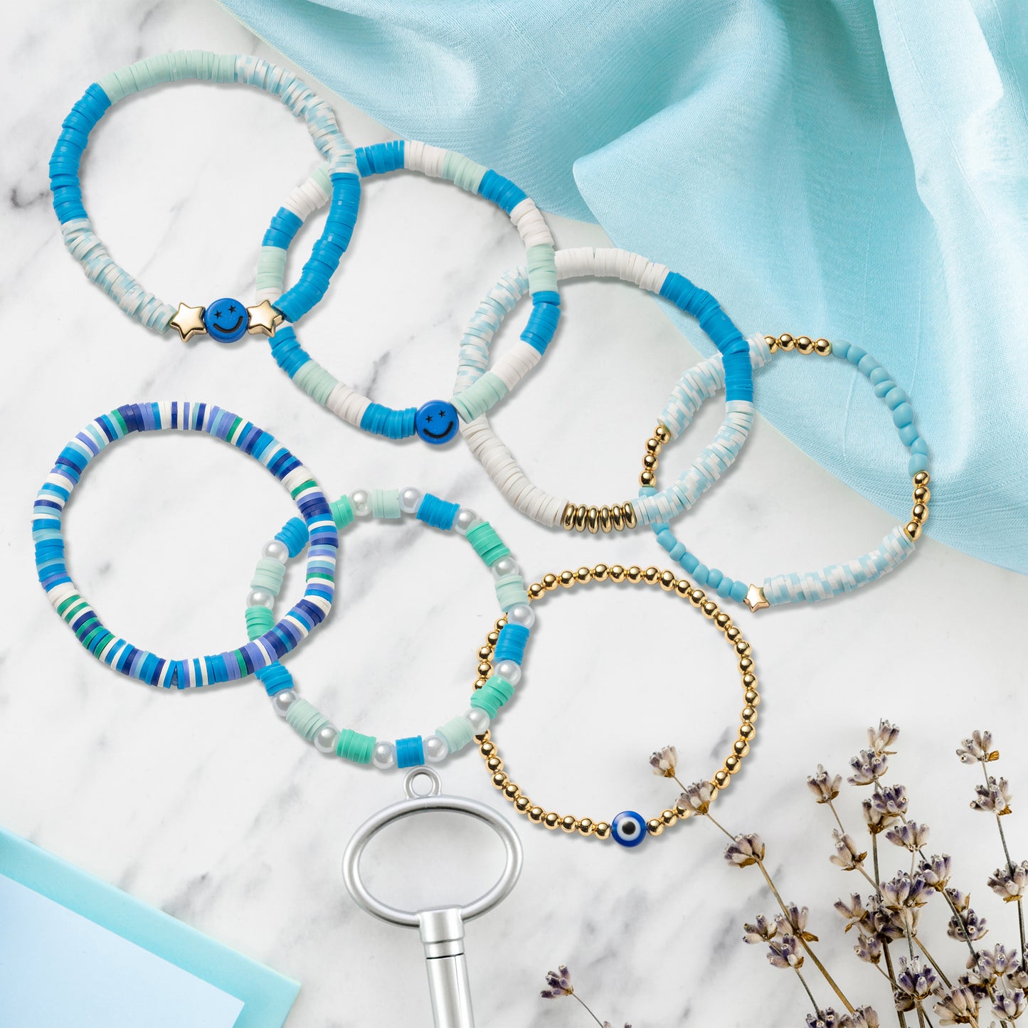 LieToi 7Pcs Preppy Heishi Bracelets Blue Smile Evil Eye Star Beaded Surfer Bracelets Polymer Clay Stackable Disc Summer Beach Layering Bracelets Y2K Stretch Boho Jewelry for Women Girls