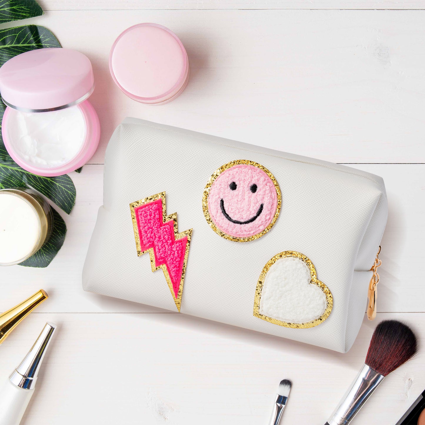 LieToi Preppy Patch Small Toiletry Bag, Smile Lightning Heart PU Leather Portable Waterproof Makeup Cosmetic Bag Daily Use Storage Purse Travel Organizer Compliant Bag for Women Girls Gift (White)