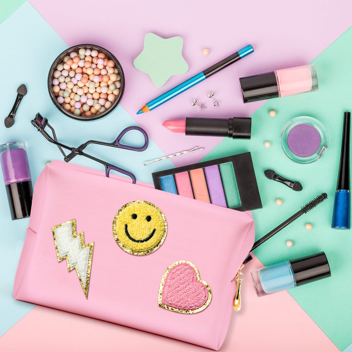 LieToi Preppy Patch Cosmetic Toiletry Bag, PU Leather Portable Waterproof Makeup Bag Smile Lightning Heart Organizer Compliant Bag Daily Travel Use Storage Purse for Women Girls (Large, Pink)
