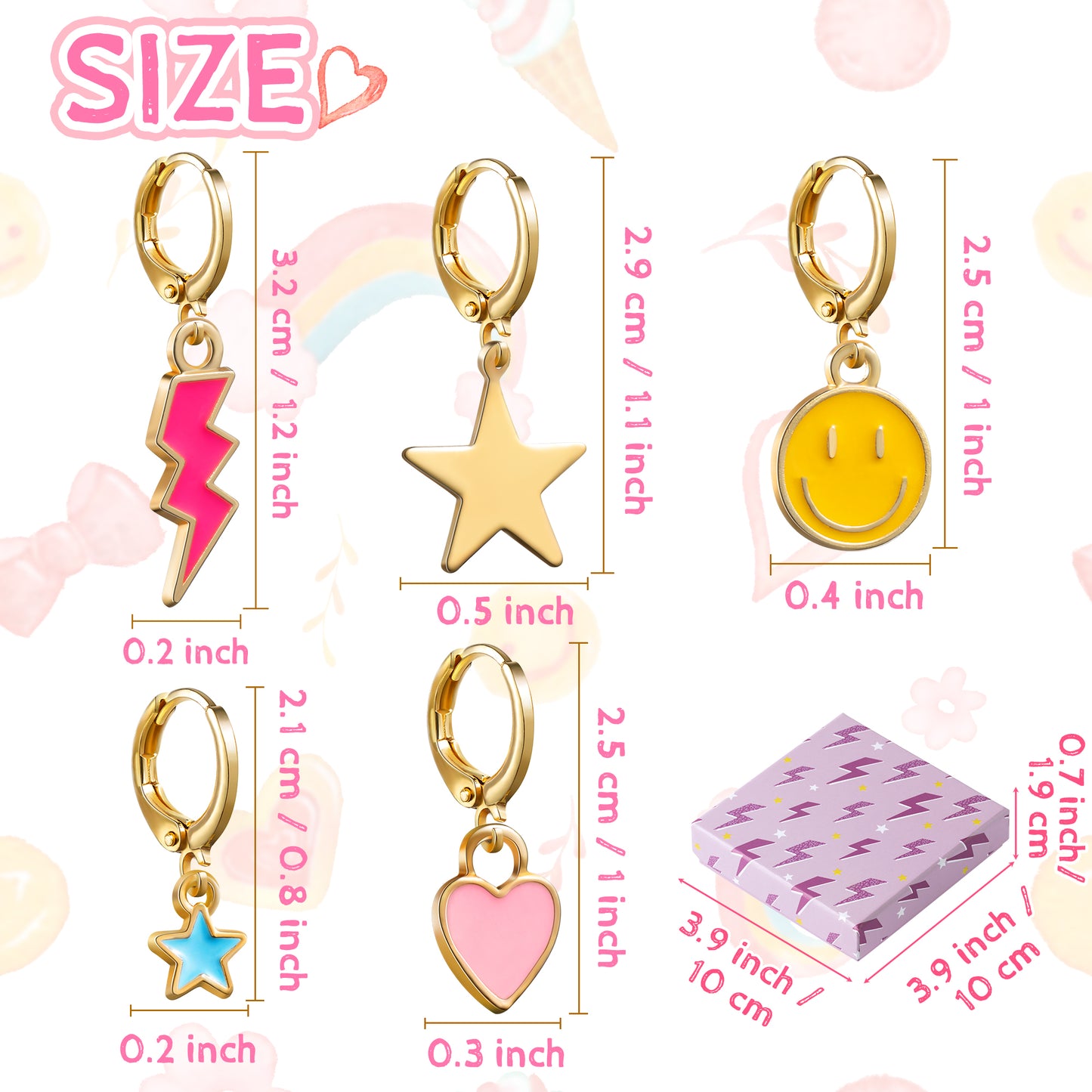 LieToi 9 Pairs Preppy Earrings Pack with Colorful Happy Smile Lightning Bolt Heart Star Charms Pendants Gold Small Huggie Hoop Dangle Earrings Trendy Y2K Preppy Jewelry Gifts for Teen Girls Women