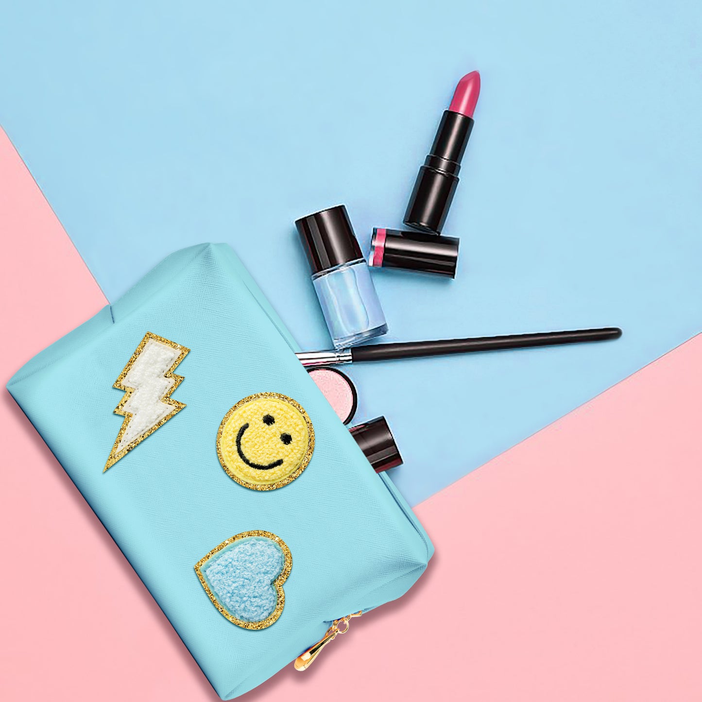 LieToi Preppy Patch Cosmetic Toiletry Bag, PU Leather Portable Waterproof Makeup Bag Smile Lightning Heart Organizer Compliant Bag Daily Travel Use Storage Purse for Women Girls (Large, Canal Blue)