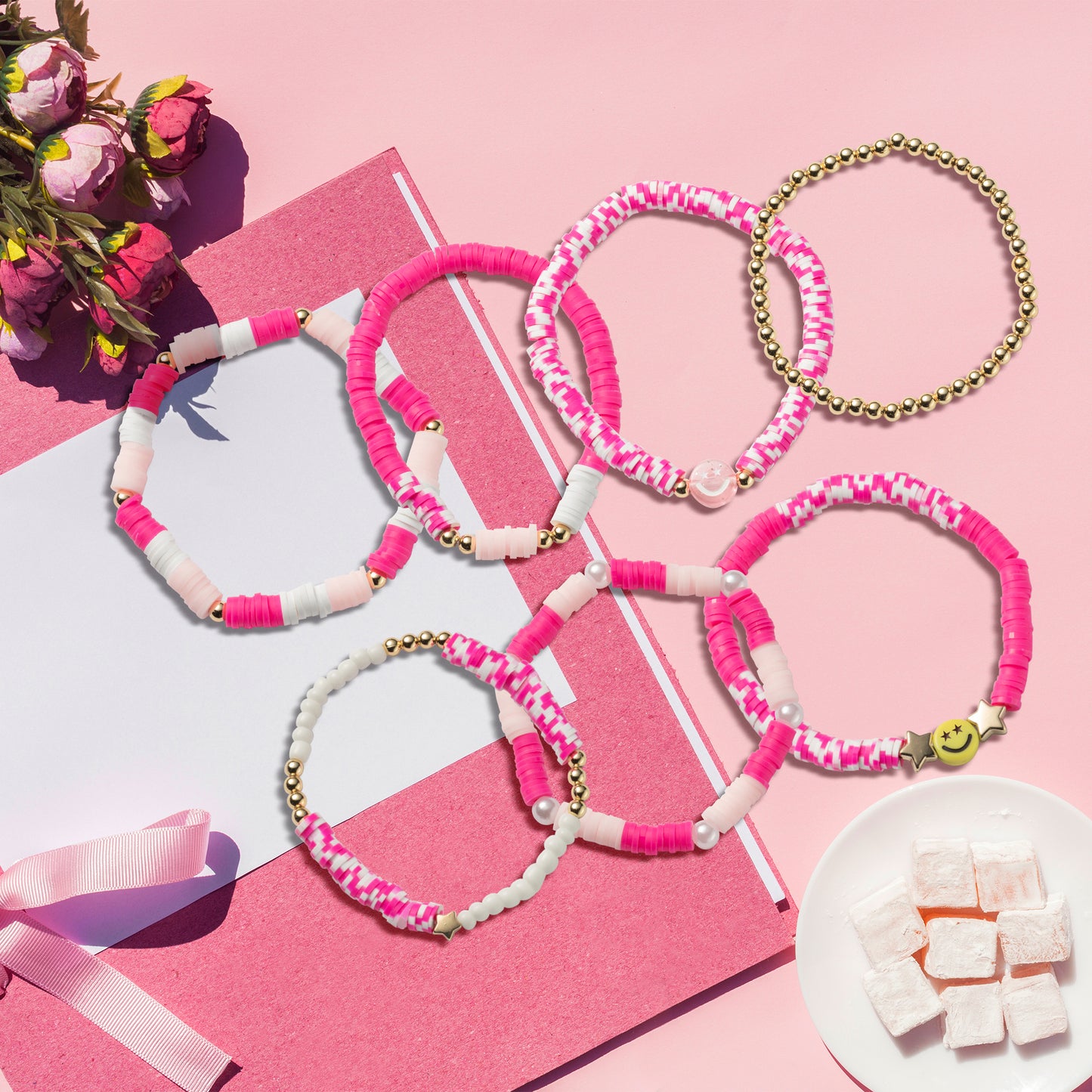 LieToi 7Pcs Preppy Heishi Bracelets Hot Pink Smile Star Beaded Surfer Bracelets Polymer Clay Stackable Disc Summer Beach Layering Bracelets Y2K Stretch Boho Jewelry Gift for Women Girls