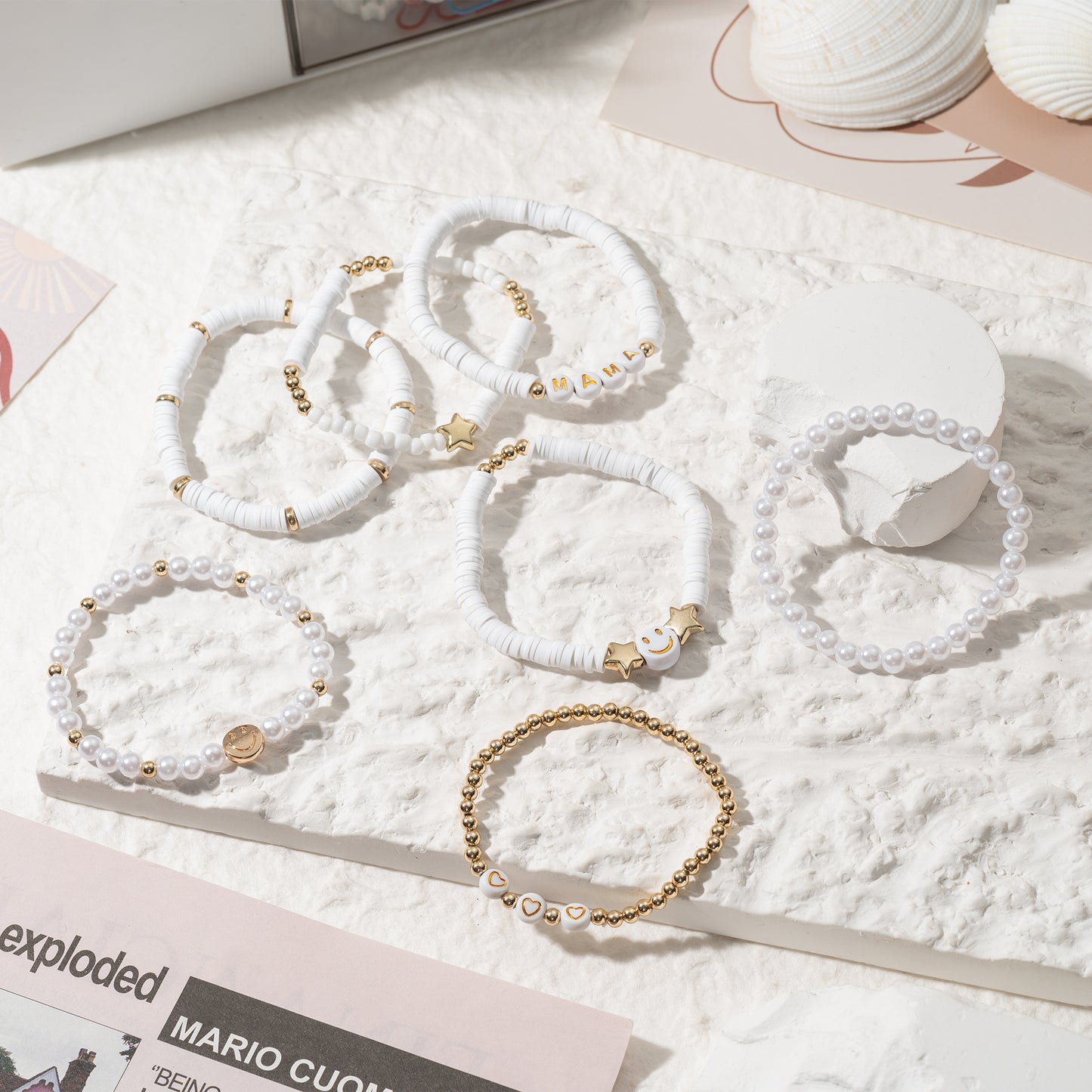 LieToi 7Pcs Preppy MAMA Heishi Bracelets Set White Smile Heart Star Beaded Surfer Bracelets Gifts for Mom Polymer Clay Pearl Stackable Summer Beach Boho Layering Stretch Birthday Mothers Day Gifts