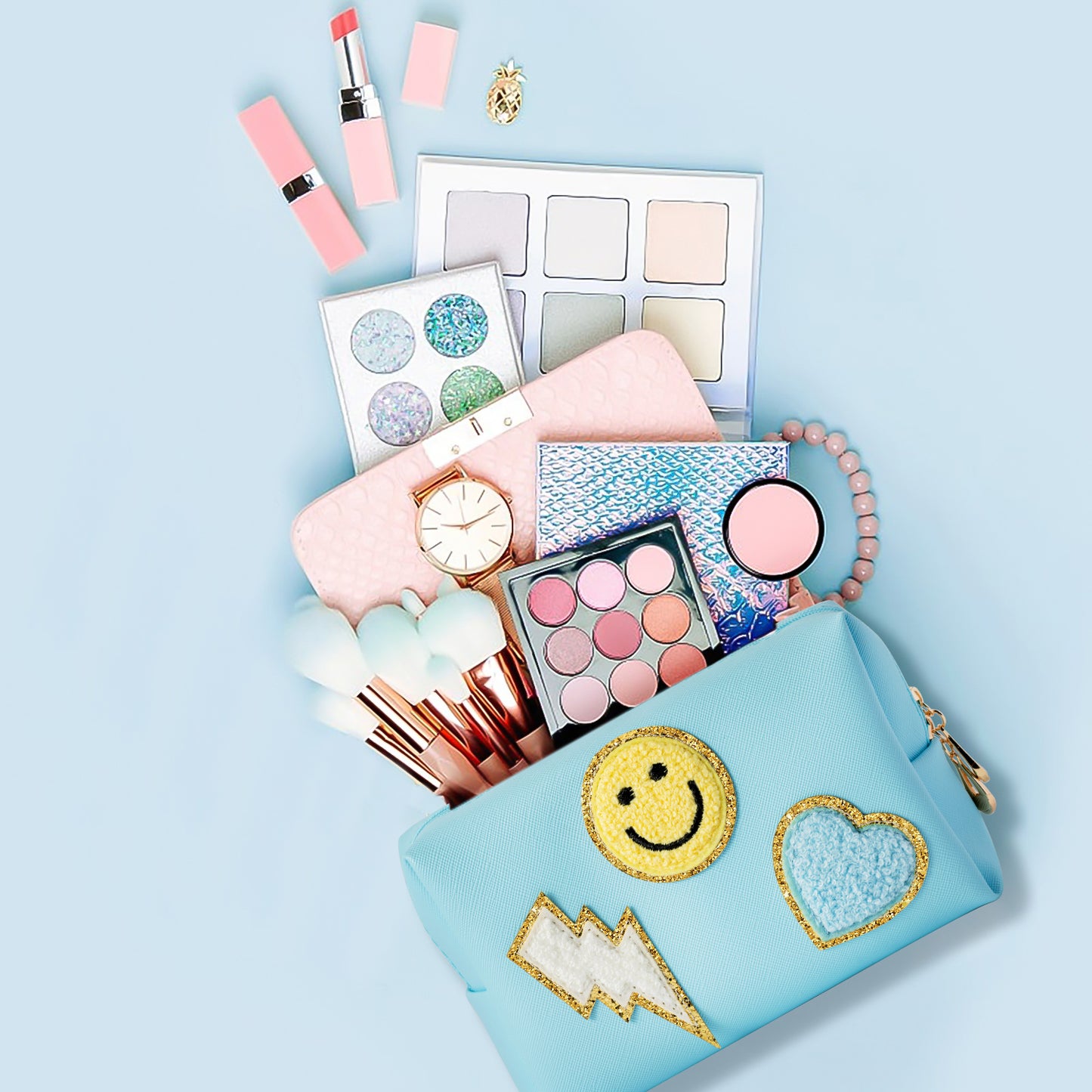 LieToi Preppy Patch Small Toiletry Bag, Smile Lightning Heart PU Leather Portable Waterproof Makeup Cosmetic Bag Daily Use Storage Purse Travel Organizer Compliant Bag for Women Girls (Canal Blue)