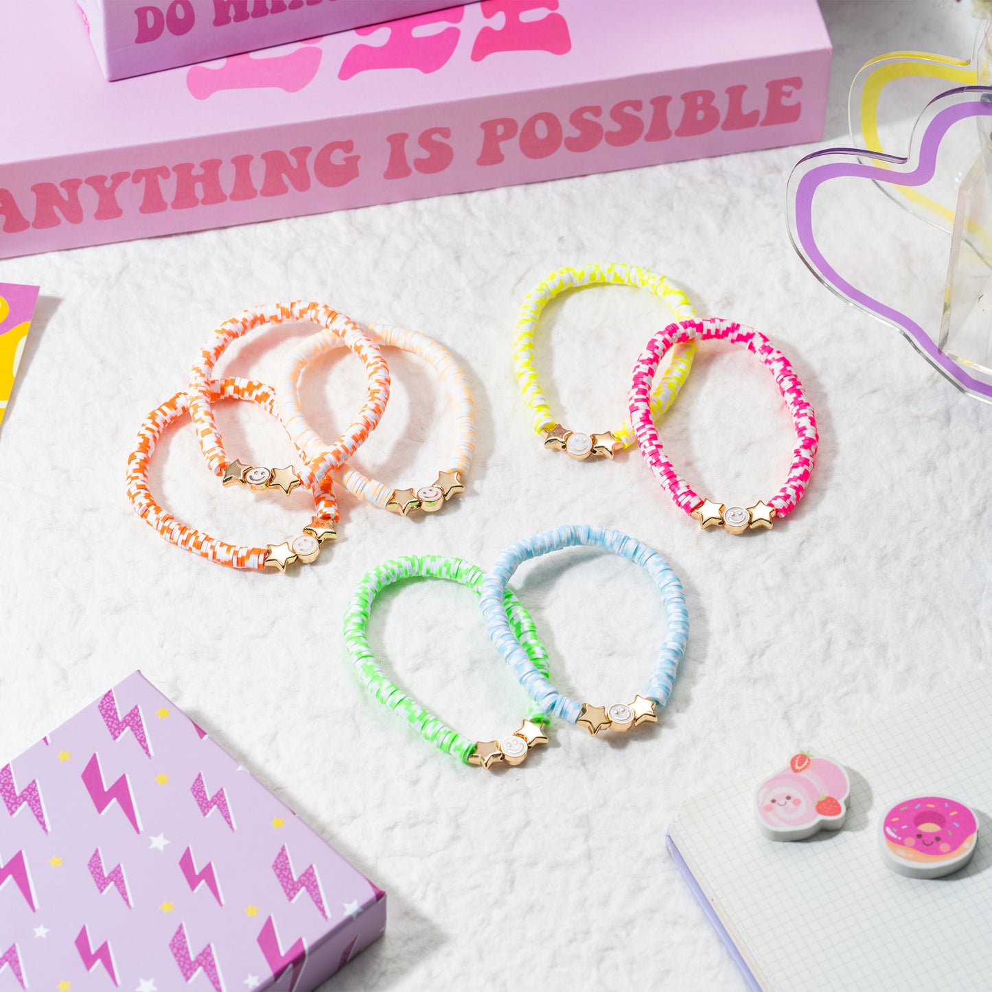 LieToi 7Pcs Preppy Heishi Bracelets Candy Color Smile Star Beaded Surfer Bracelets Polymer Clay Stackable Disc Summer Beach Layering Bracelets Y2K Stretch Boho Jewelry Gift for Women Girls