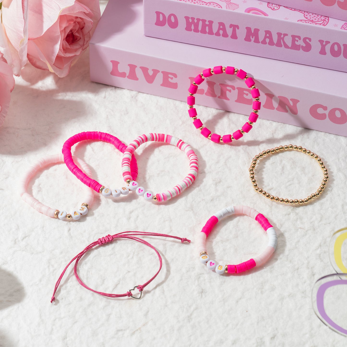LieToi 7Pcs Preppy Heishi Bracelets Kit Pink Heart Beaded Surfer Bracelets Braided Rope Charms Polymer Clay Stackable Disc Summer Beach Layering Bracelets Y2K Stretch Boho Jewelry for Women Girls