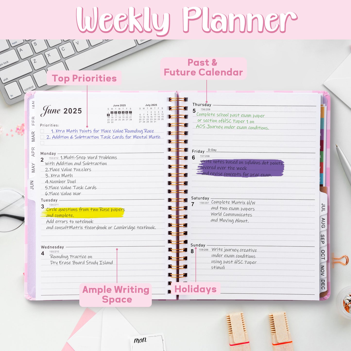 LieToi Pink 2025 Planner - 2025 Weekly and Monthly Planner, Jan. 2025 - Dec. 2025 Planner, 8.5" x 6.2", Checkerboard 2025 Calendar Planner with Taps, Planner Stickers, Inner Pocket, Twin-Wire Binding