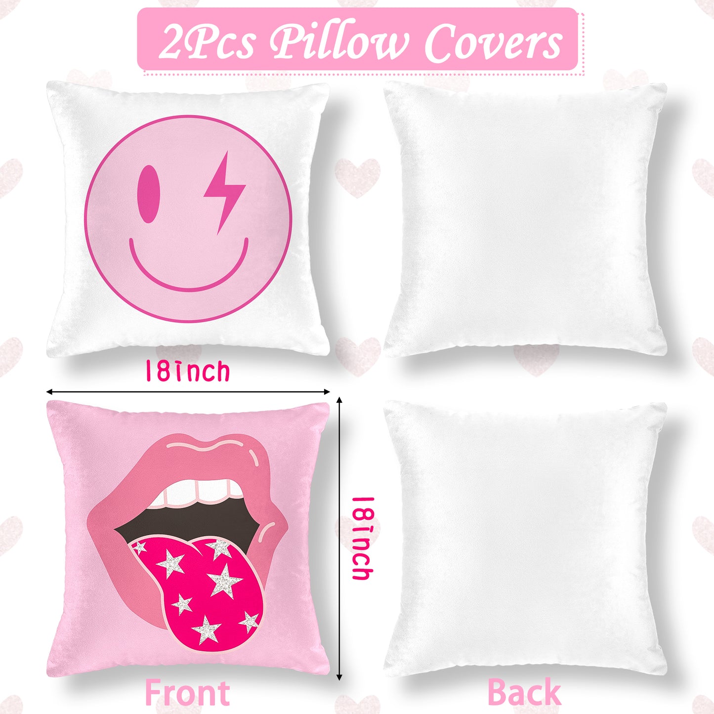 LieToi 2Pcs Preppy Velvet Pillow Covers Soft Hot Pink and White Square Cushion Case Covers Printed with Smile Lip Pattern Room Aesthetic Decor Pillow Cases for Dormitory Sofa Home Car 18 x 18 Inch