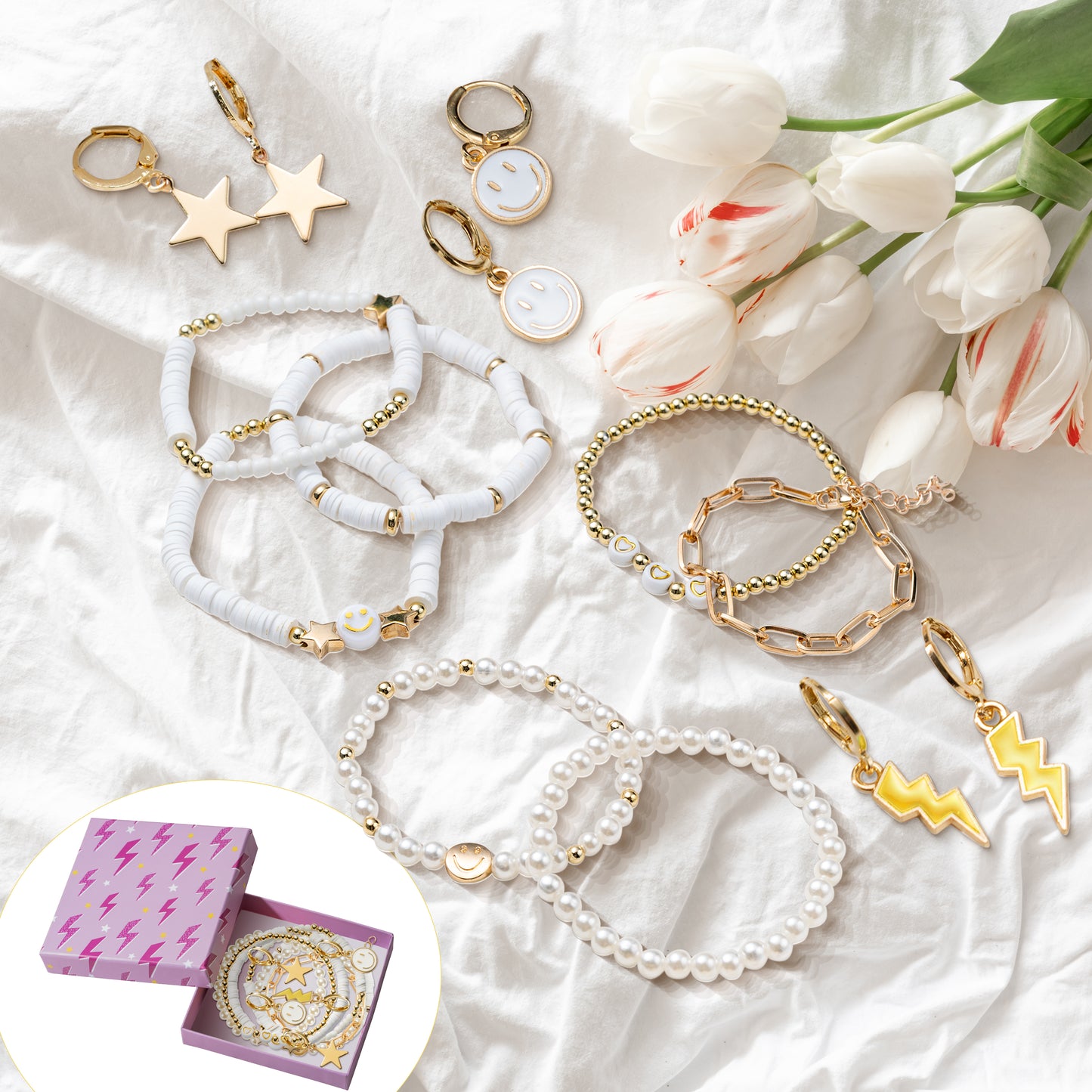 LieToi Preppy Heishi Bracelets and Earrings Kit White Polymer Clay Stackable Disc Summer Beach Surfer Bracelets Preppy Charms Pendants Huggie Hoop Dangle Earrings Y2K Boho Jewelry for Women Girls Gift