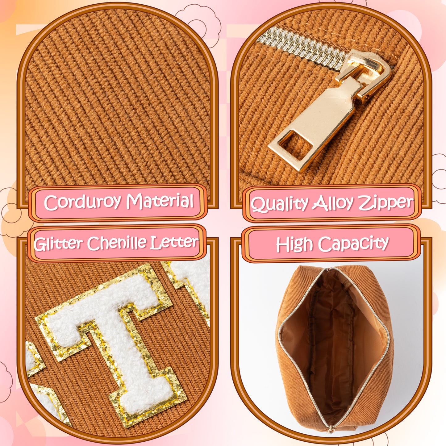 LieToi 3Pcs Preppy Corduroy Makeup Bags Set, Stuff Face Chenille Letter Patch Cosmetic Bag Portable Toiletry Bag Large Capacity Storage Zipper Purse Travel Organizer Bag for Women Girls