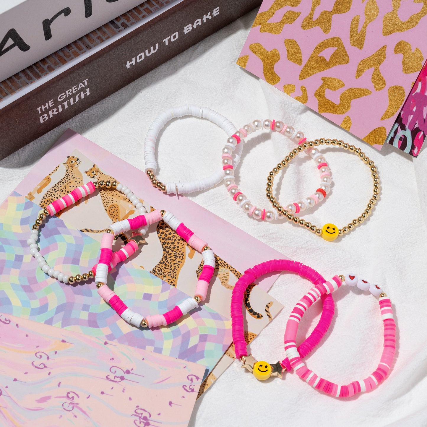 LieToi 7Pcs Preppy Heishi Bracelets Kit Hot Pink Smile Heart Star Beaded Surfer Bracelets Polymer Clay Pearl Stackable Disc Summer Beach Layering Bracelets Y2K Stretch Boho Jewelry for Women Girls