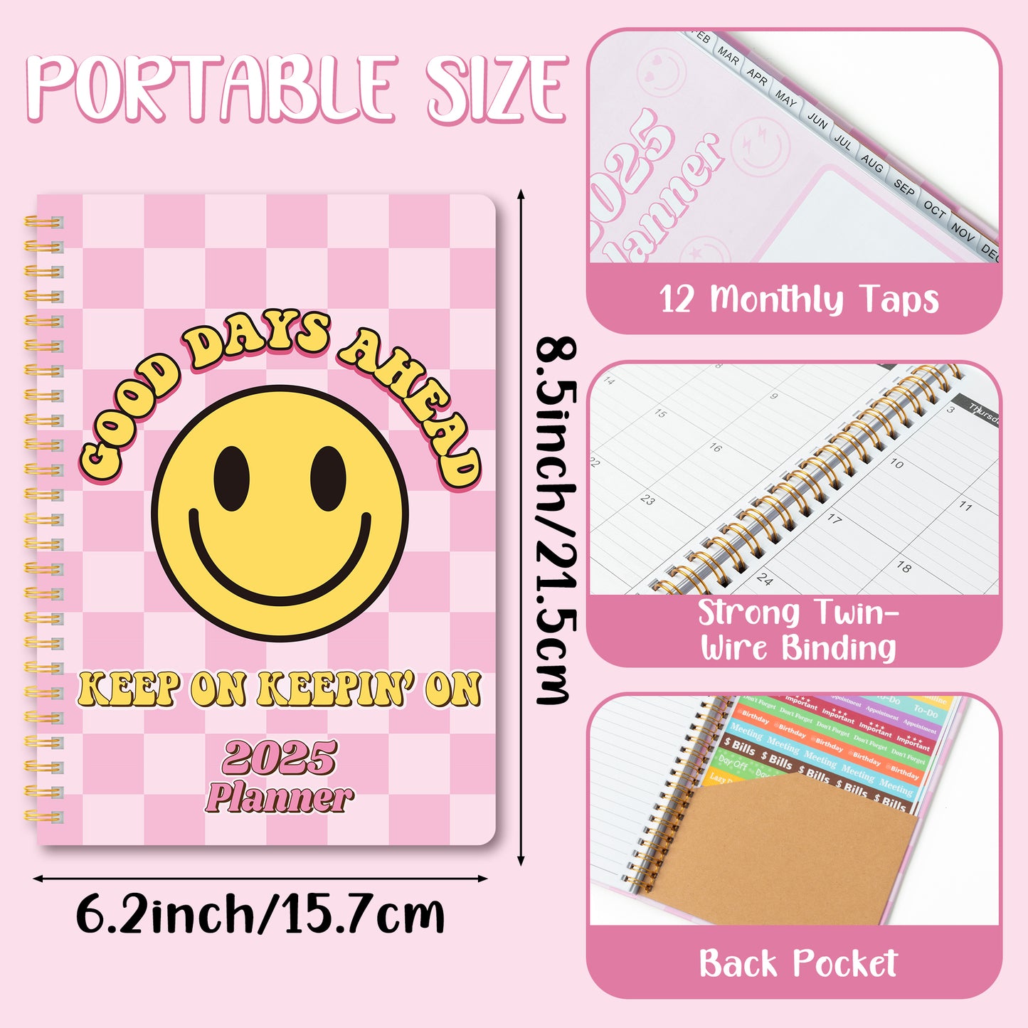 LieToi Pink 2025 Planner - 2025 Weekly and Monthly Planner, Jan. 2025 - Dec. 2025 Planner, 8.5" x 6.2", Checkerboard 2025 Calendar Planner with Taps, Planner Stickers, Inner Pocket, Twin-Wire Binding