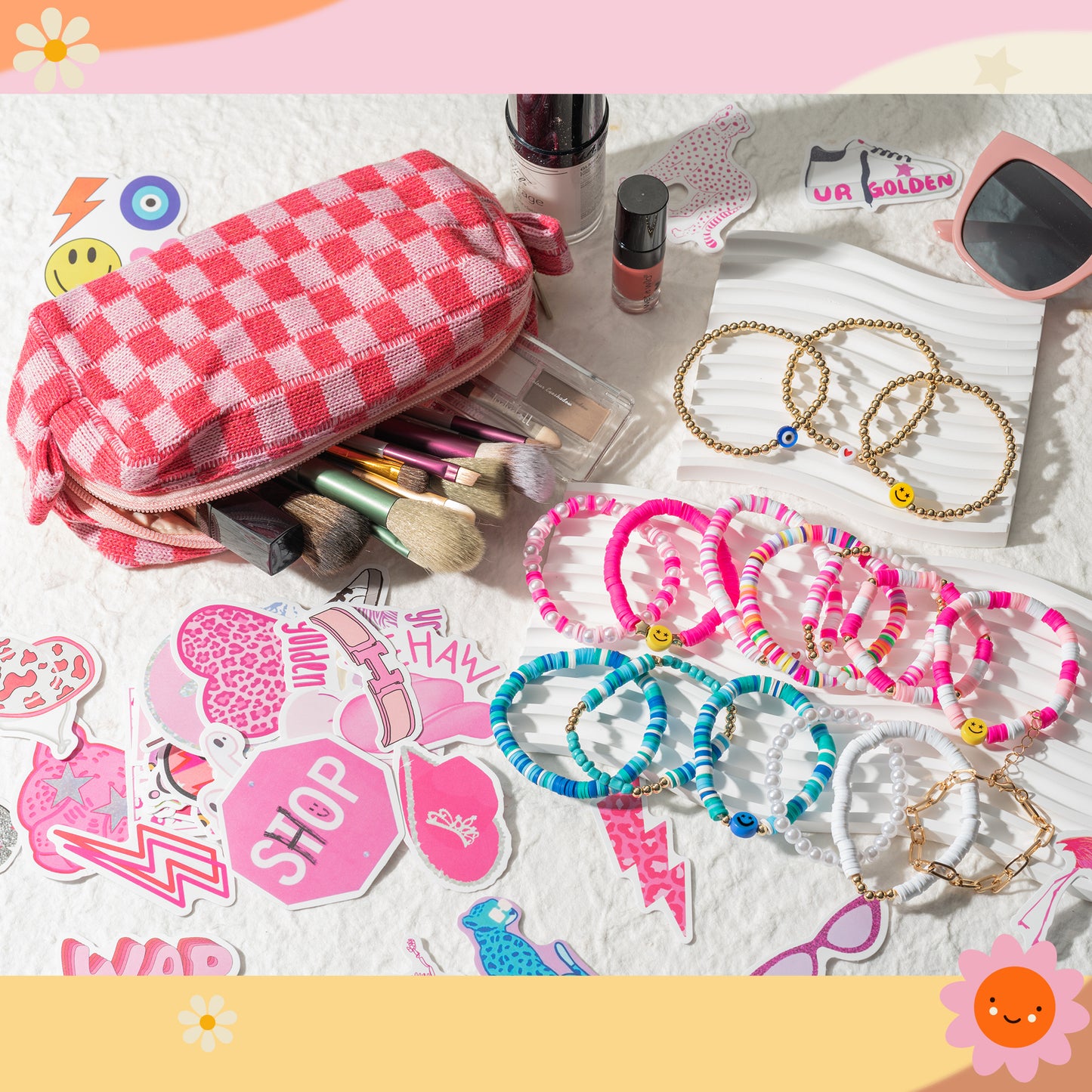 LieToi 67Pcs Checkered Cosmetic Bag Set Pink Knitted Toiletry Makeup Bag Preppy Heishi Surfer Bracelets Stackable Disc Layering Bracelets Aesthetic Preppy Style Stickers Decals Gifts for Women Girls