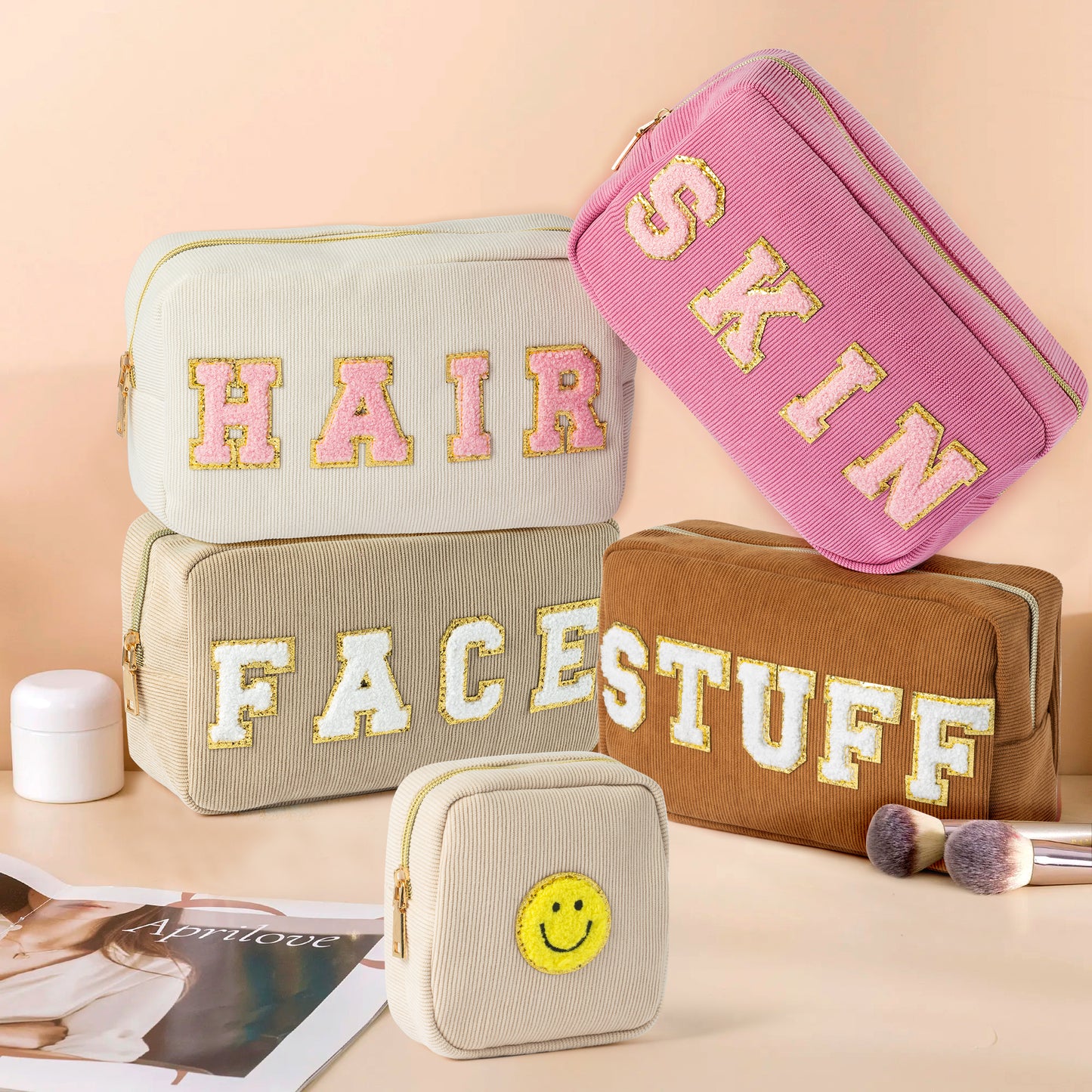 LieToi 5Pcs Preppy Corduroy Makeup Bags Set, Skin Hair Stuff Face Chenille Letter Patch Cosmetic Bag Portable Toiletry Bag Large Capacity Storage Zipper Purse Travel Organizer Bag for Women Girls