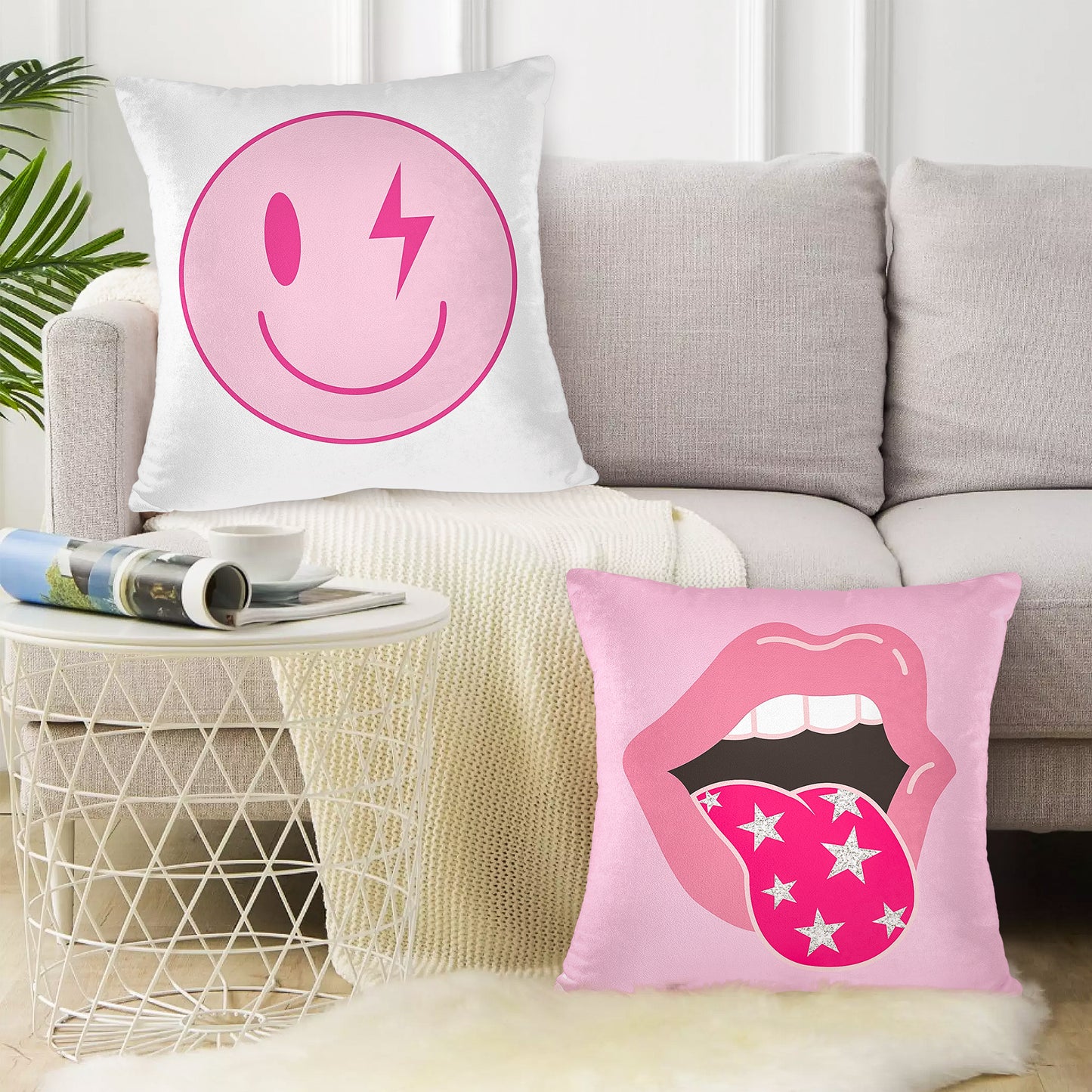 LieToi 2Pcs Preppy Velvet Pillow Covers Soft Hot Pink and White Square Cushion Case Covers Printed with Smile Lip Pattern Room Aesthetic Decor Pillow Cases for Dormitory Sofa Home Car 18 x 18 Inch