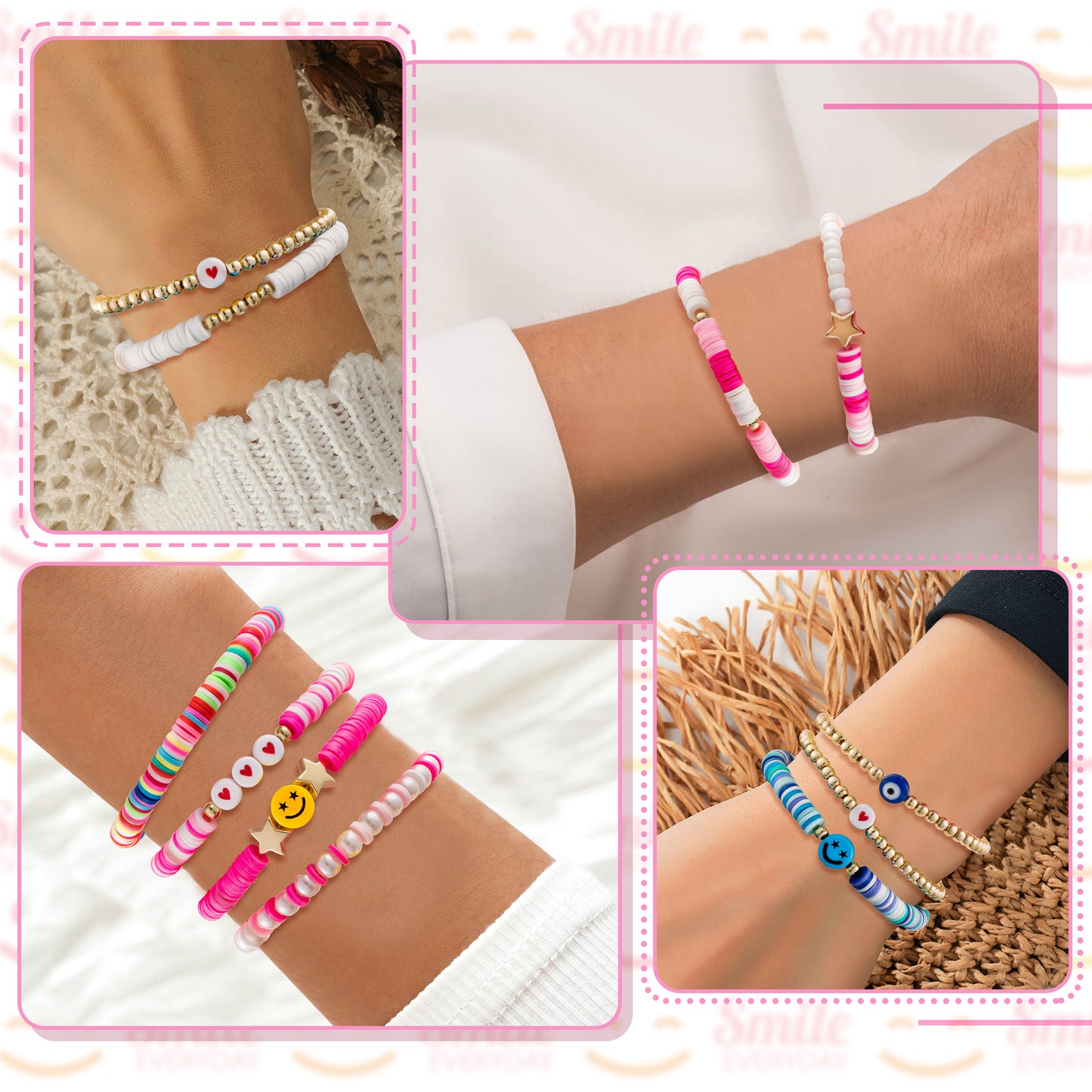 LieToi 16Pcs Preppy Heishi Bracelets Set Colorful Smile Heart Star Evil Eye Beaded Polymer Clay Pearl Stackable Charm Y2K Kidcore Summer Beach Bohemian Layering Bracelets Jewelry for Women Girls Teens