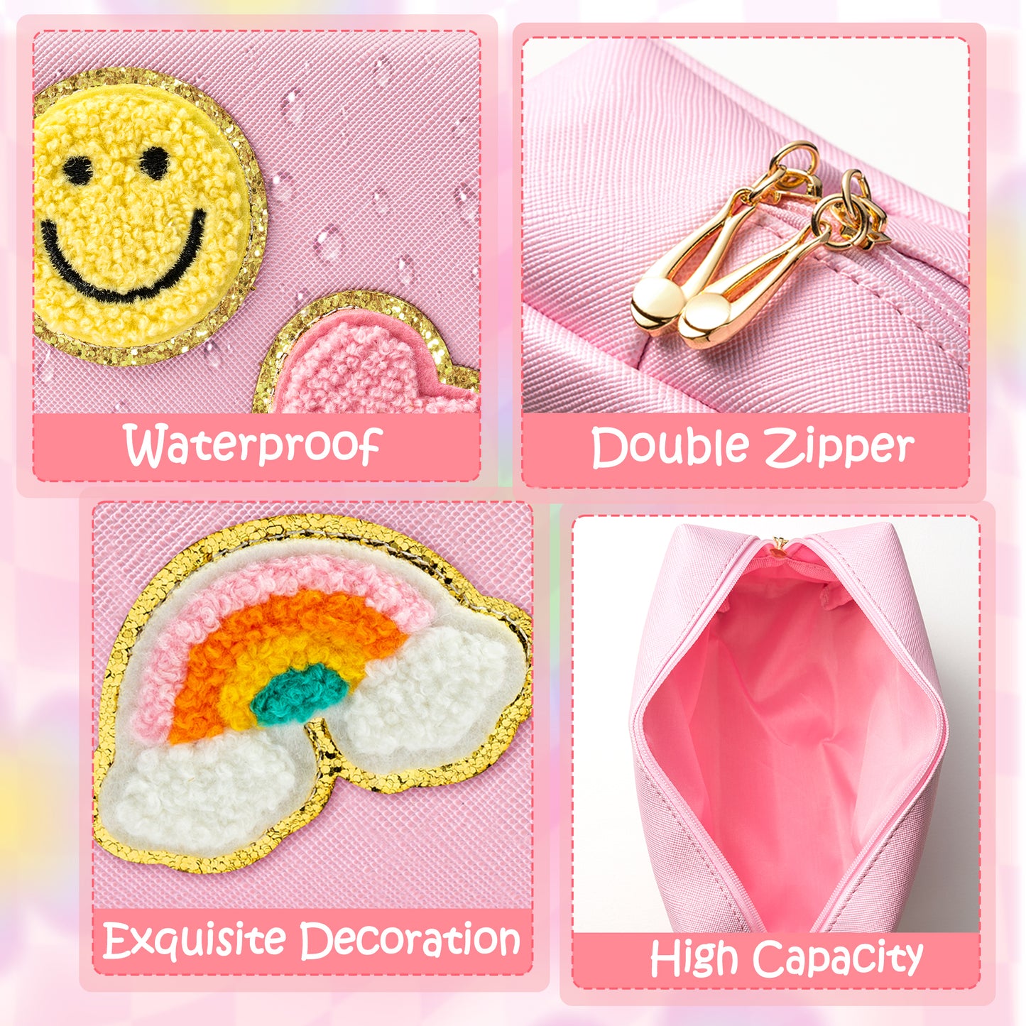 LieToi Preppy Patch Small Toiletry Bag, Smile Rainbow Heart PU Leather Portable Waterproof Makeup Cosmetic Bag Daily Use Storage Purse Travel Organizer Compliant Bag for Women Girls (Light Pink)