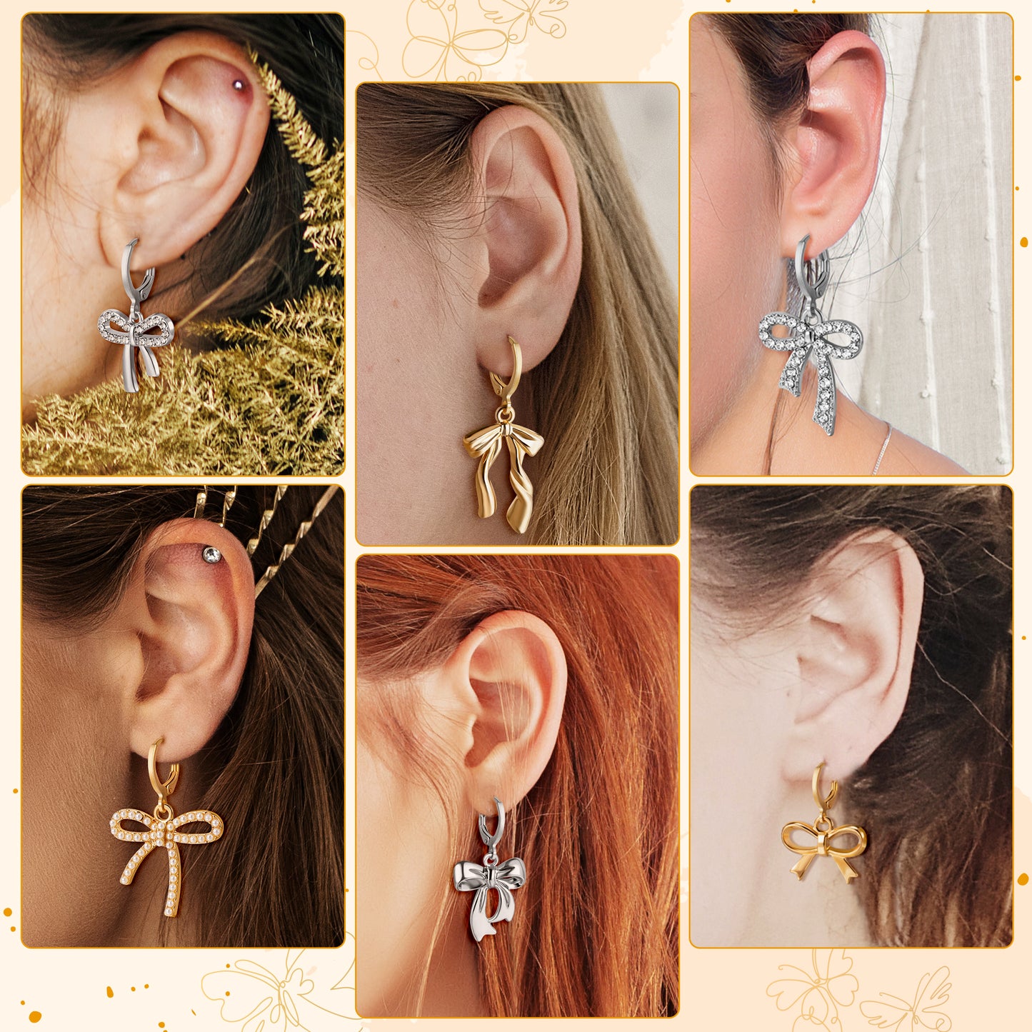 LieToi 9 Pairs Gold Rhinestone Bow Earrings for Women - Coquette Bowknot Hoop Drop Dangle Earrings Charms Silver Bow Trendy Stuff Bridal Shower Birthday Valentine’s Day Daily Gift